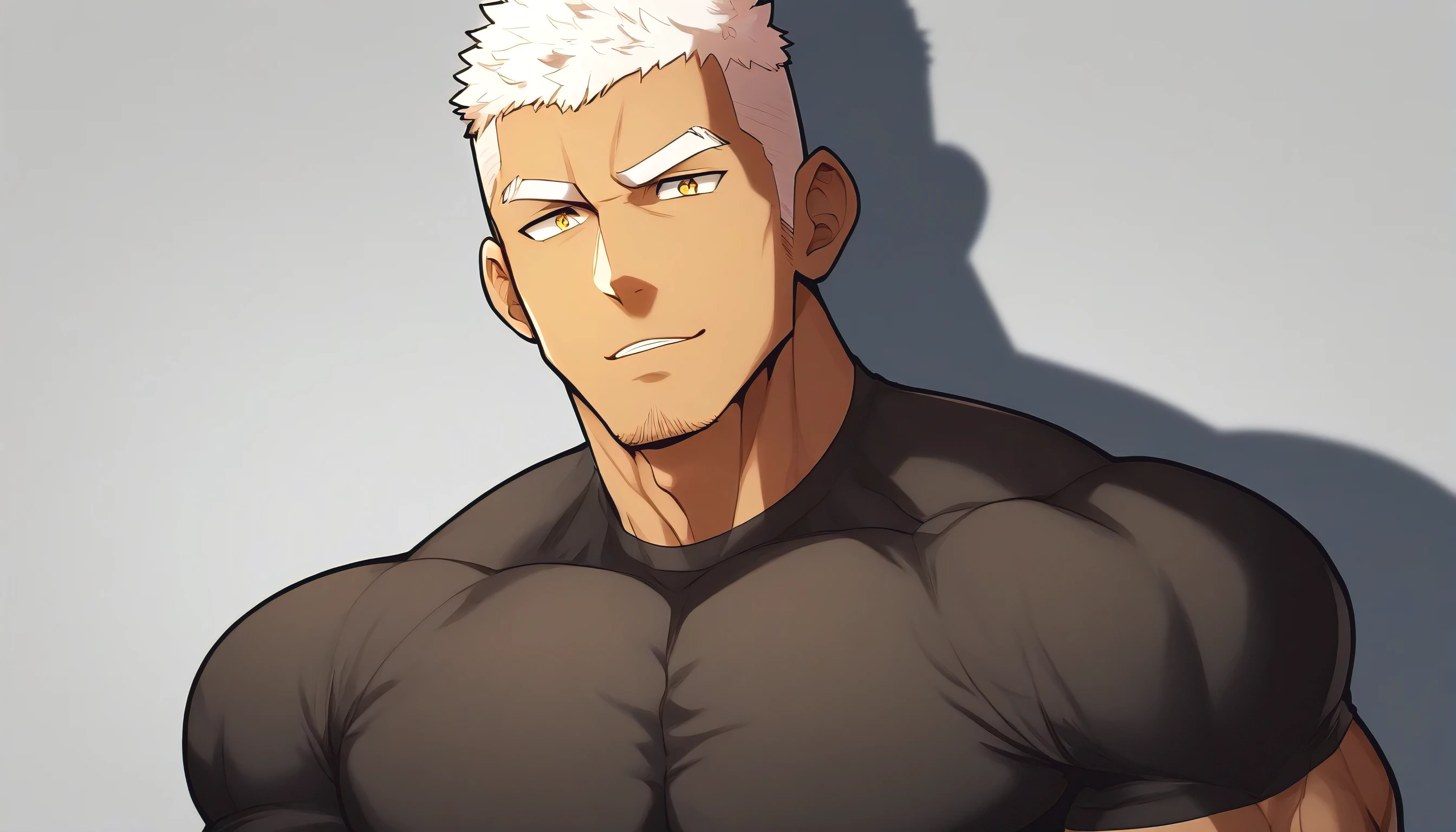 anime characters：Gyee, Fitness coach, negro black skin, 1 muscular tough guy, Manliness, male focus, Cream White Sleeveless Tight T-Shirt, Very tight, The pectoral muscles are oversized, Slightly transparent, muscular male, muscular, only, Upper body, alone, White short hair, Thick eyebrows, stubble, Yellow eyes, Grey background, simple background, amazing quality, best aesthetics, Ridiculous, bright pupils, crew cut, parted lips, seductive smile, torogao, naughty face, drop shadow, best quality