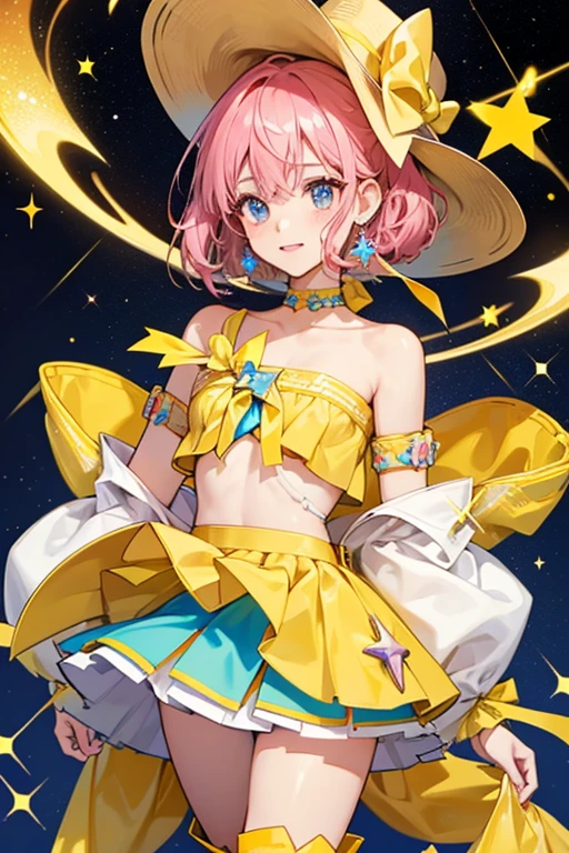 Saritchi has a yellow body and wears many accessories around their head. This includes a brown cowboy hat decorated with a blue bow and yellow stars along with earrings. She wears a red tube top, white skirt, and pink boots similar to Makiko's. SPARKLE; GLITTER