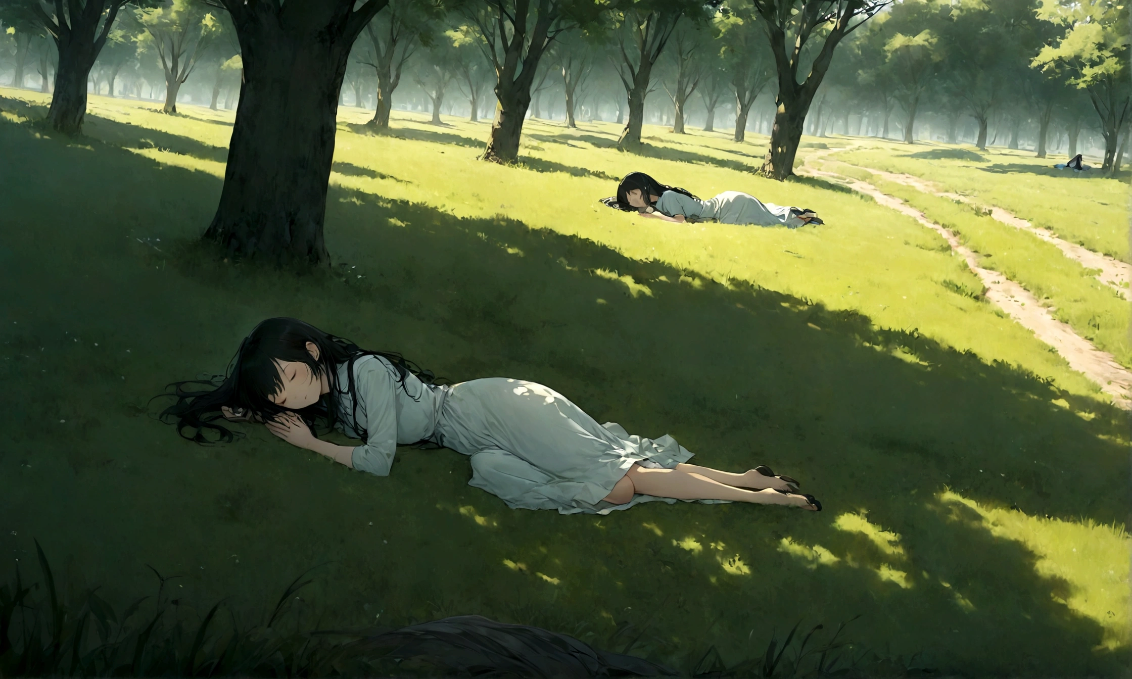 A grassy field with a dirt road on one side and a line of few trees on the other side, (1female) There is a girl laying on the ground, relaxing, closed eyes, the girl has black long hair, afternoon, perfect art, horror story colors --ar 16:9