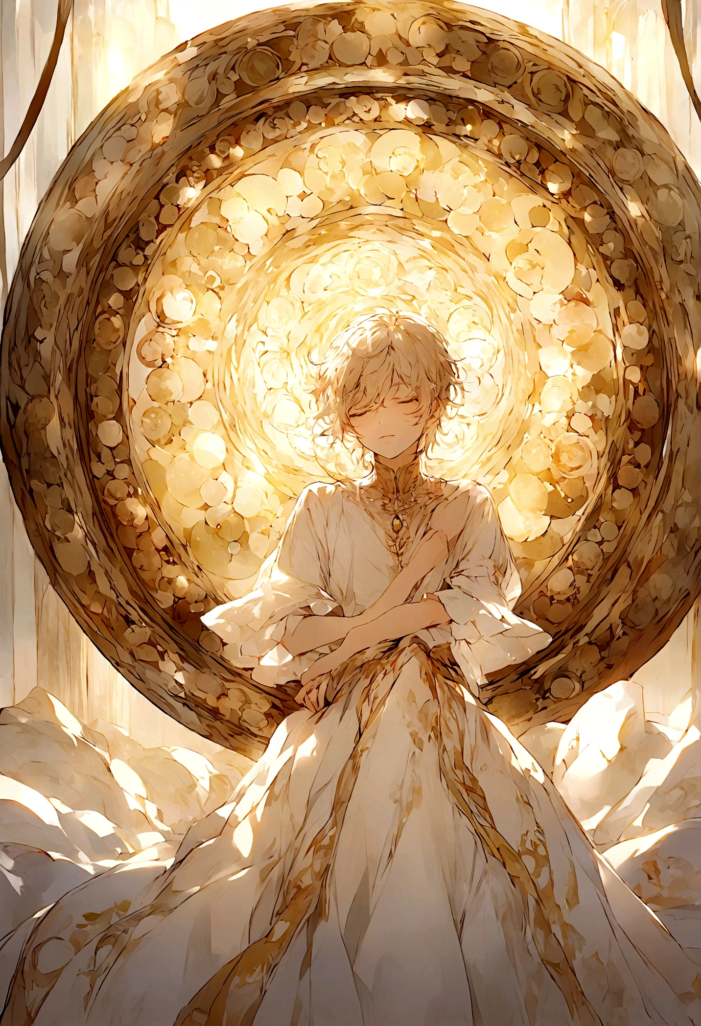 Ten Aspects of Longevity,A boy in the void,Curled up position,There are ten magic circles around the boy.,Sunny bright background