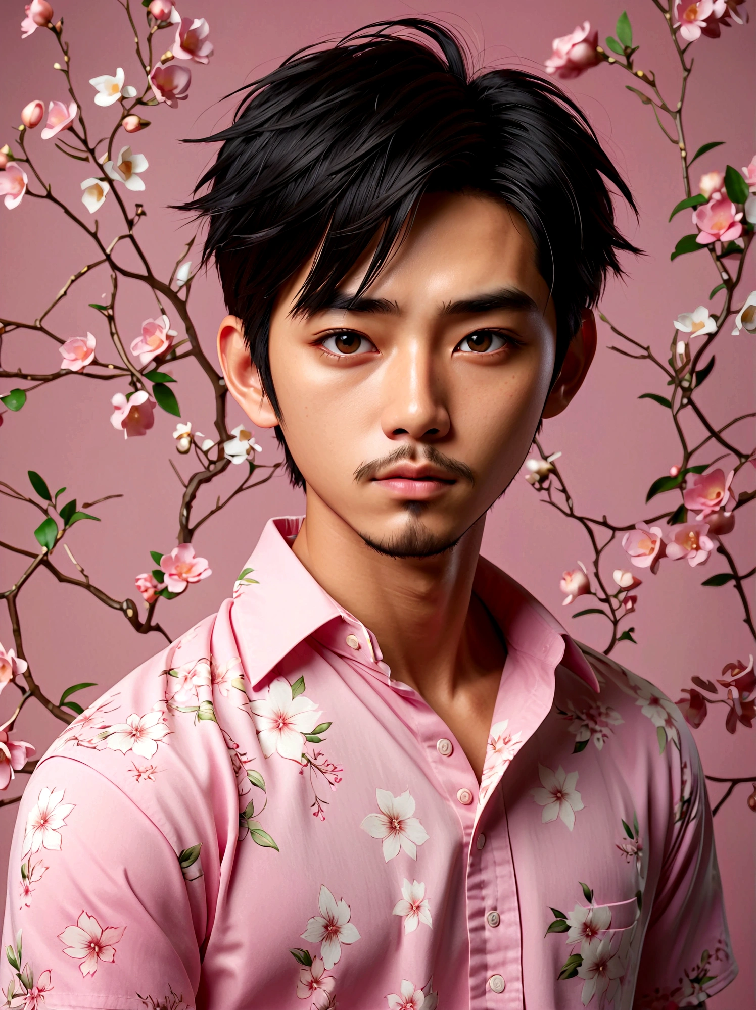 a cute japanese boy with short black medium hair, beard, wearing a pink shirt, (best quality,4k,8k,highres,masterpiece:1.2),ultra-detailed,(realistic,photorealistic,photo-realistic:1.37),detailed facial features,extremely detailed eyes and face,longeyelashes,realistic skin texture,natural lighting,warm color palette,intricate details,ambient occlusion,realistic fabric folds,soft shadows,3d render,studio lighting,digital painting