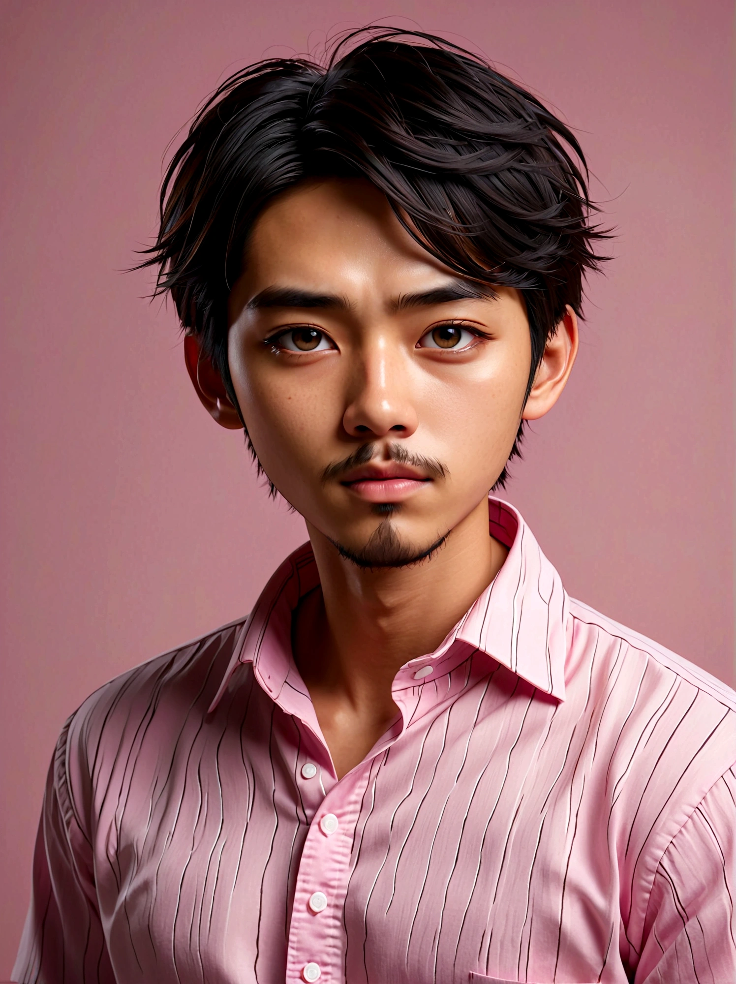 a cute japanese boy with short black medium hair, beard, wearing a pink shirt, (best quality,4k,8k,highres,masterpiece:1.2),ultra-detailed,(realistic,photorealistic,photo-realistic:1.37),detailed facial features,extremely detailed eyes and face,longeyelashes,realistic skin texture,natural lighting,warm color palette,intricate details,ambient occlusion,realistic fabric folds,soft shadows,3d render,studio lighting,digital painting
