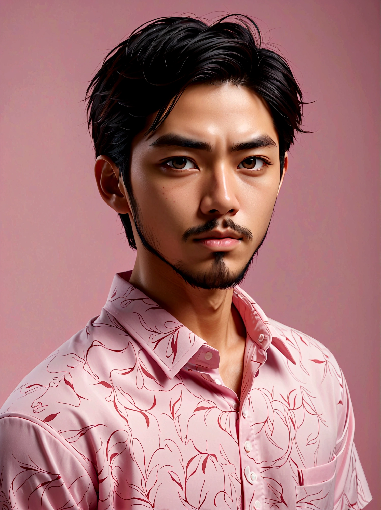 a cute japanese boy with short black medium hair, beard, wearing a pink shirt, (best quality,4k,8k,highres,masterpiece:1.2),ultra-detailed,(realistic,photorealistic,photo-realistic:1.37),detailed facial features,extremely detailed eyes and face,longeyelashes,realistic skin texture,natural lighting,warm color palette,intricate details,ambient occlusion,realistic fabric folds,soft shadows,3d render,studio lighting,digital painting
