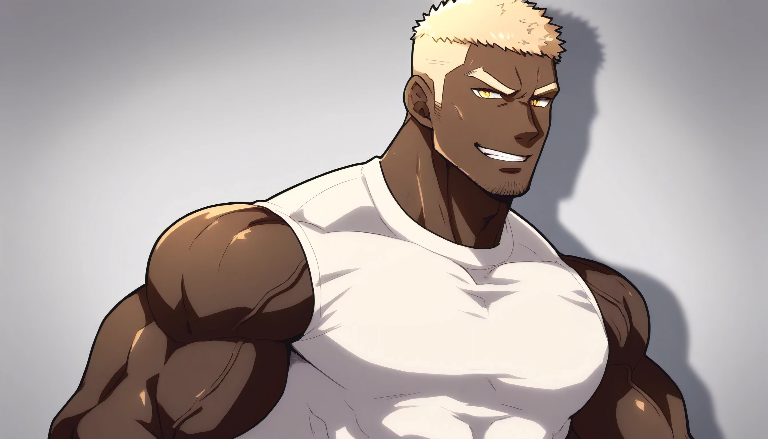 negro,negro,negro,anime characters:Gyee, Fitness coach, negro black skin, 1 muscular tough guy, Manliness, male focus, Cream White Sleeveless Tight T-Shirt, Very tight, The pectoral muscles are oversized, Slightly transparent, muscular male, muscular, only, Upper body, alone, White short hair, Thick eyebrows, stubble, Yellow eyes, Grey background, simple background, amazing quality, best aesthetics, Ridiculous, bright pupils, crew cut, parted lips, seductive smile, torogao, naughty face, drop shadow, best quality