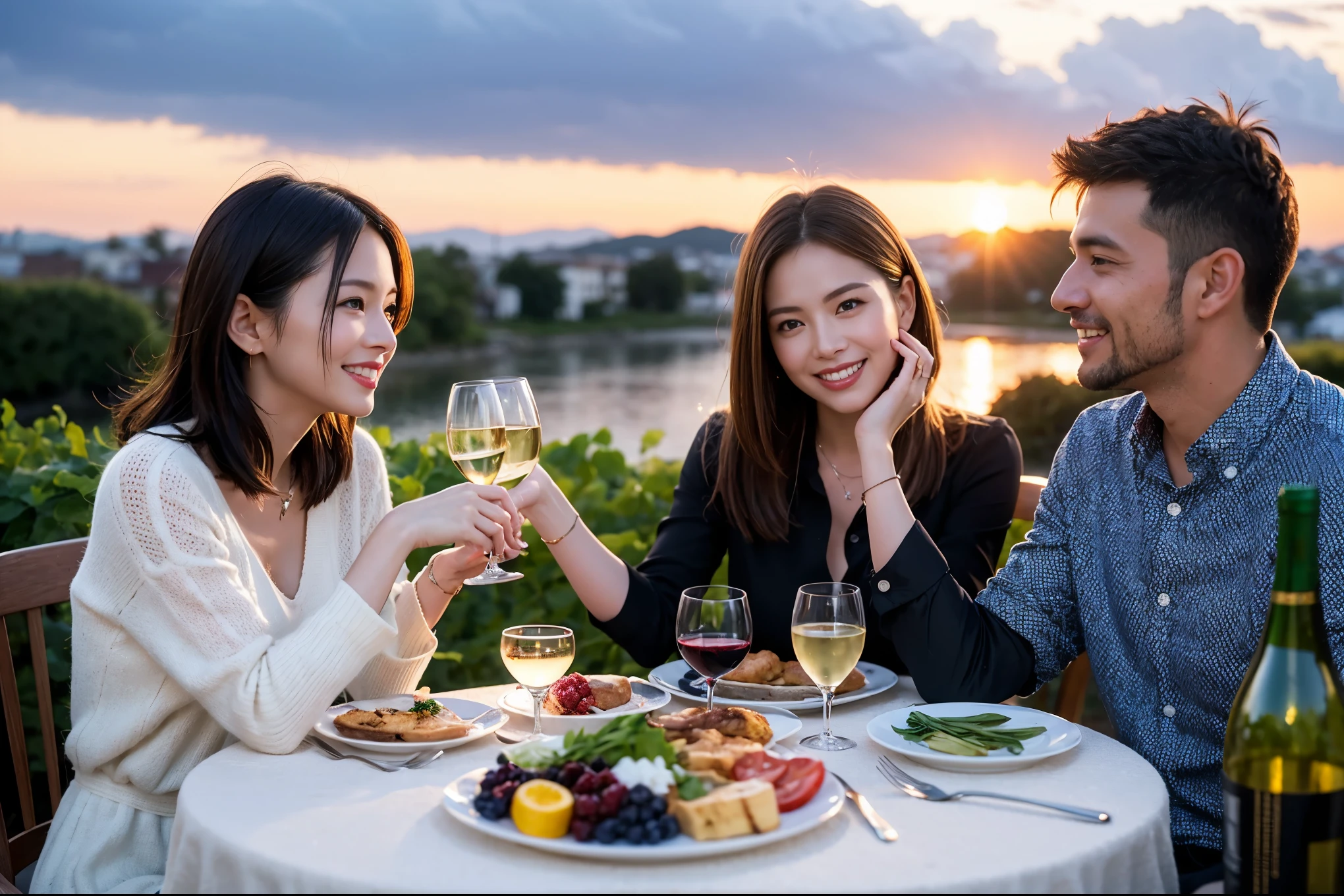 ((highest quality、8k、masterpiece:1.3))、 (Genuineistic, Genuine、Bright image、Intricate details:1.2), 最高のsmile 男性1人 女性1人、Beautiful couple、spouse、Engaged Couple、family、actress、model、smile、full-course dinner、 (Slim face), (the body is slim), (Brown Hair), (short hair), テーブルの上のwine glass、Please shine a light on my face、 Amazing view of the sunset sky and clouds、 (Age 37), 41 years old, red wine 、Appetizers、Wine bottle、sparkling wine、Long sleeve shirt、dress、White wine, red wine, wine glass,