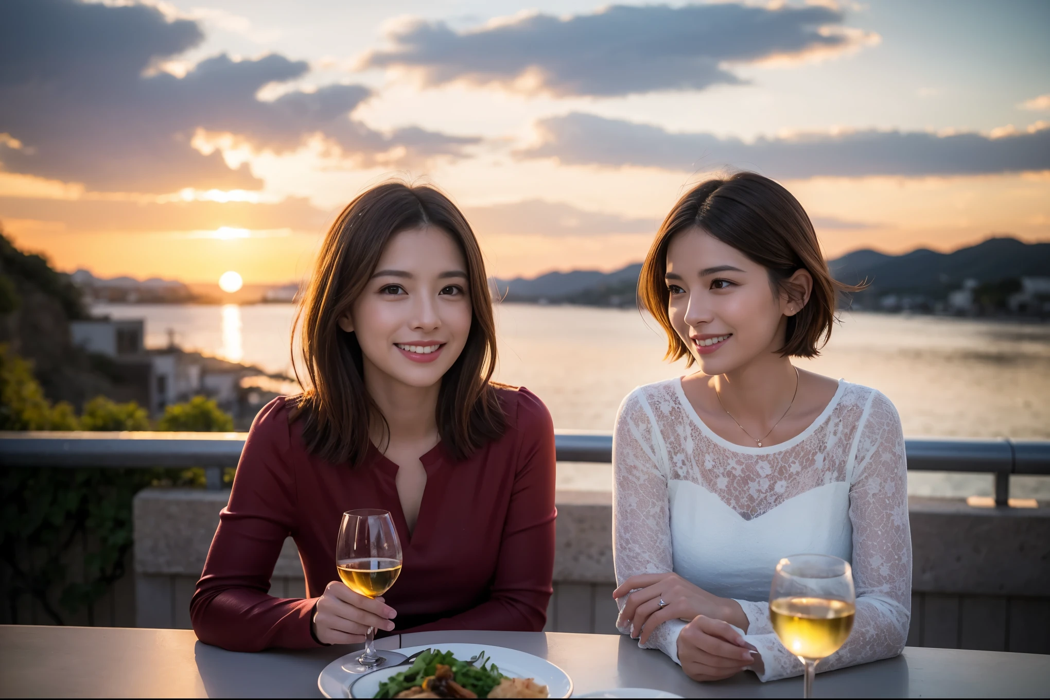 ((highest quality、8k、masterpiece:1.3))、 (Genuineistic, Genuine、Bright image、Intricate details:1.2), 最高のsmile 男性1人 女性1人、Beautiful couple、spouse、Engaged Couple、family、actress、model、smile、full-course dinner、 (Slim face), (the body is slim), (Brown Hair), (short hair), テーブルの上のwine glass、Please shine a light on my face、 Amazing view of the sunset sky and clouds、 (Age 37), 41 years old, red wine 、Appetizers、Wine bottle、sparkling wine、Long sleeve shirt、dress、White wine, red wine, wine glass,