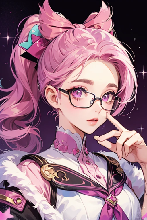 The female Scooptchi has pink skin and eyelashes, her glasses are tinted pink, and her hair is purple and littered with bows and a hair curler. SPARKLE; GLITTER