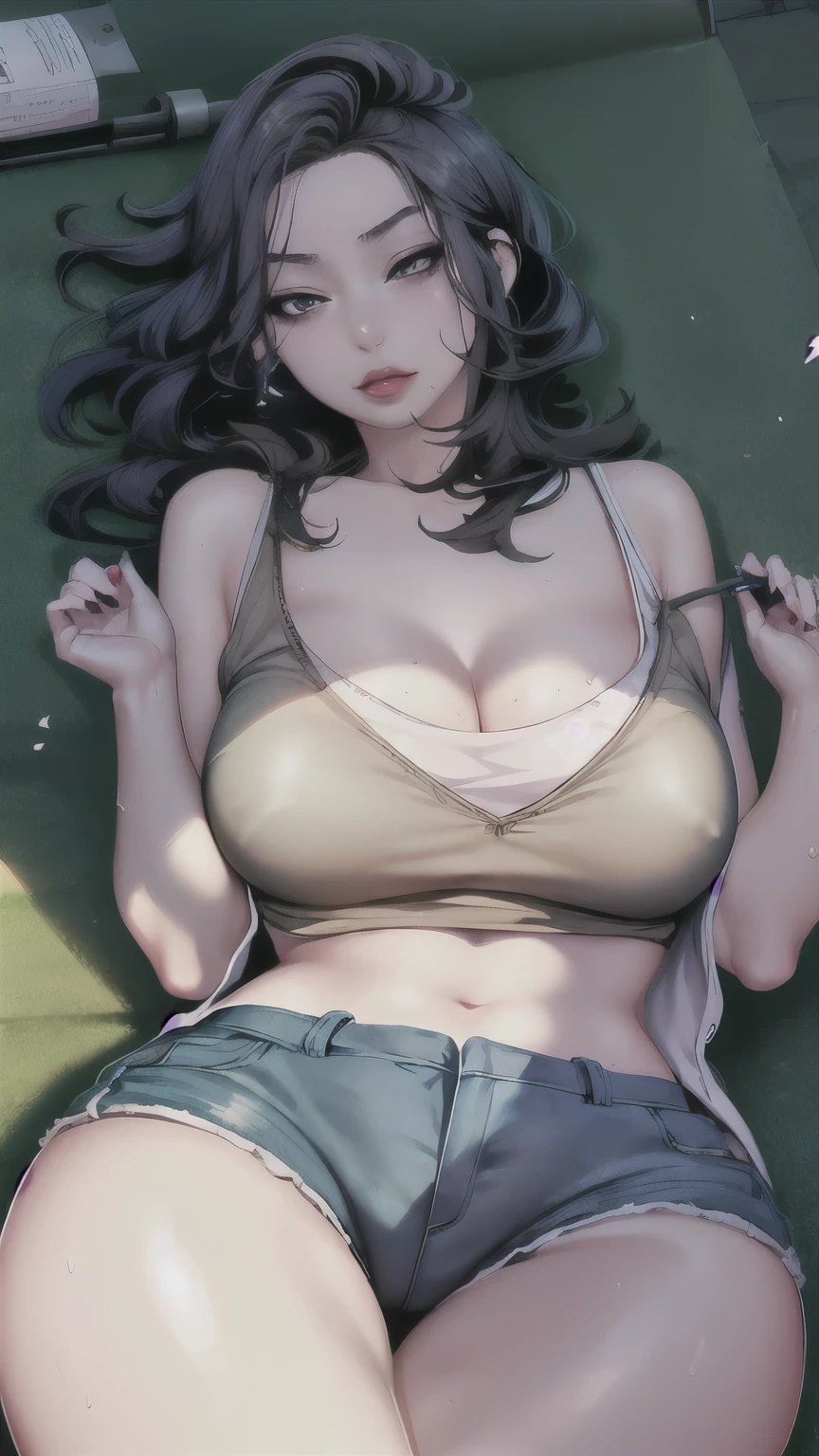 Mature woman, detailed beautiful eyes, eyeshadow, detailed face, shy, lying on tatami in private house, blue eyes, shabby cotton tank top, shorts