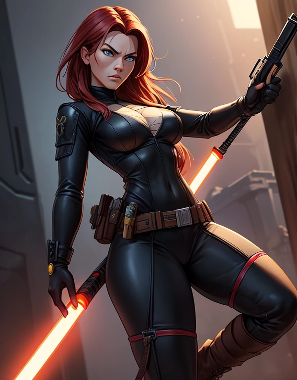 Subject: A photorealistic portrayal of Mara Jade, standing confidently in her sleek and deadly attire. Attire: Mara Jade is wearing a tight black leather suit, fingerless gloves, silver utility belt, gun holsters, and high-heel boots. Type of Image: Photorealistic digital artwork capturing Mara Jade's fierce and determined presence. Art Styles: Photorealism, showcasing intricate details of Mara Jade's costume, weapons, and her intense expression. Camera: Shot with a medium lens to provide a balanced view of Mara Jade's figure and expression. Shot: Full-body shot, highlighting Mara Jade is holding a purple lightsaber with a tight grip and showcases her marksmanship and poised demeanor. Render Related Information: High-resolution render (4K) with meticulous attention to detail in Mara Jade's costume texture, weaponry, and facial features.
