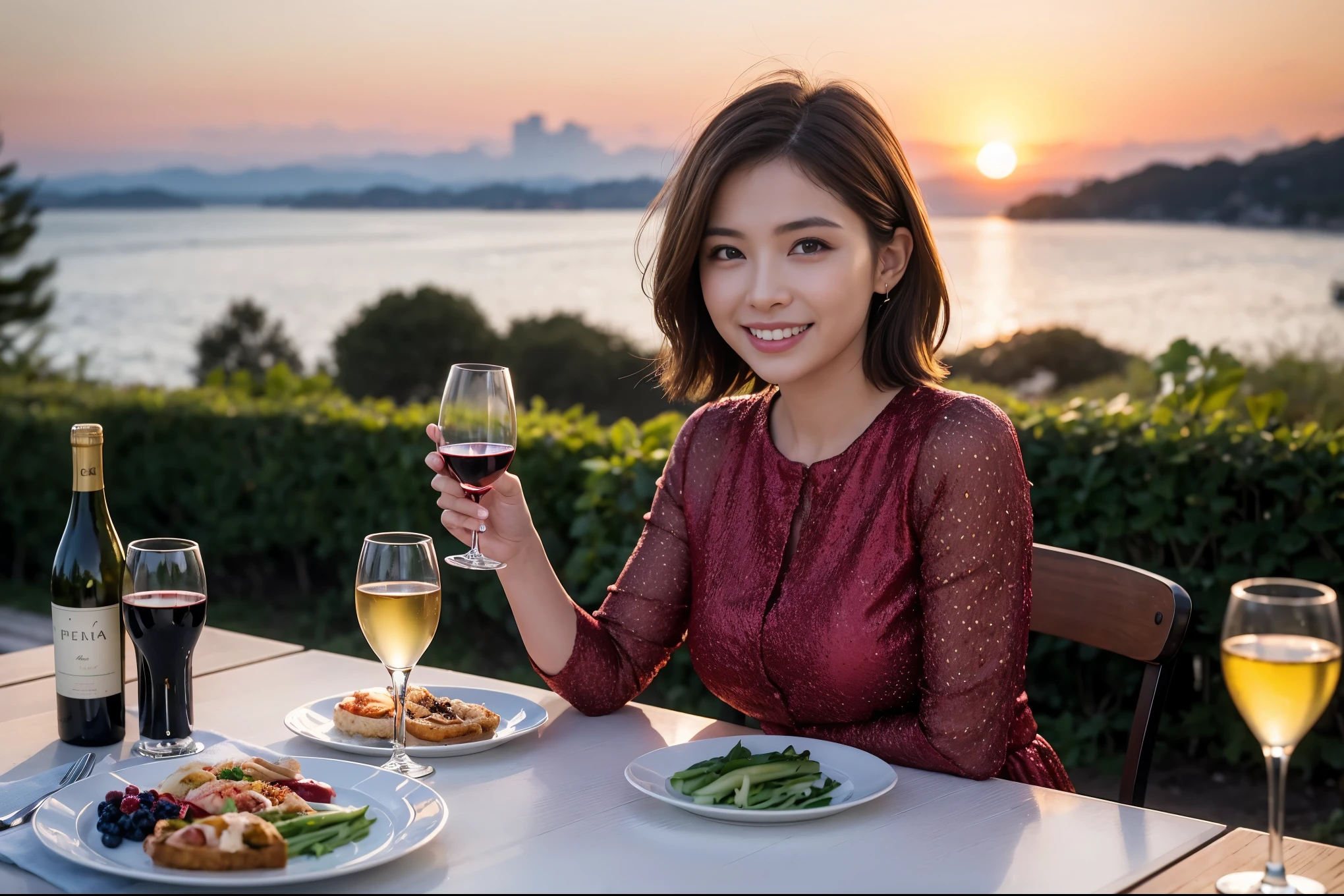 ((highest quality、8k、masterpiece:1.3))、 (Genuineistic, Genuine、Bright image、Intricate details:1.2), 最高のsmile 男性1人 女性1人、Beautiful Couple、spouse、Couple、lover、actress、モデルCouple、smile、full-course dinner、 (Slim face), (the body is slim), (Brown Hair), (short hair), テーブルの上のwine glass、Please shine a light on my face、 Amazing view of the sunset sky and clouds、 (Age 35), 39 years old, red wine 、Appetizers、Wine bottle、sparkling wine、Long sleeve shirt、dress、White wine, red wine, wine glass,