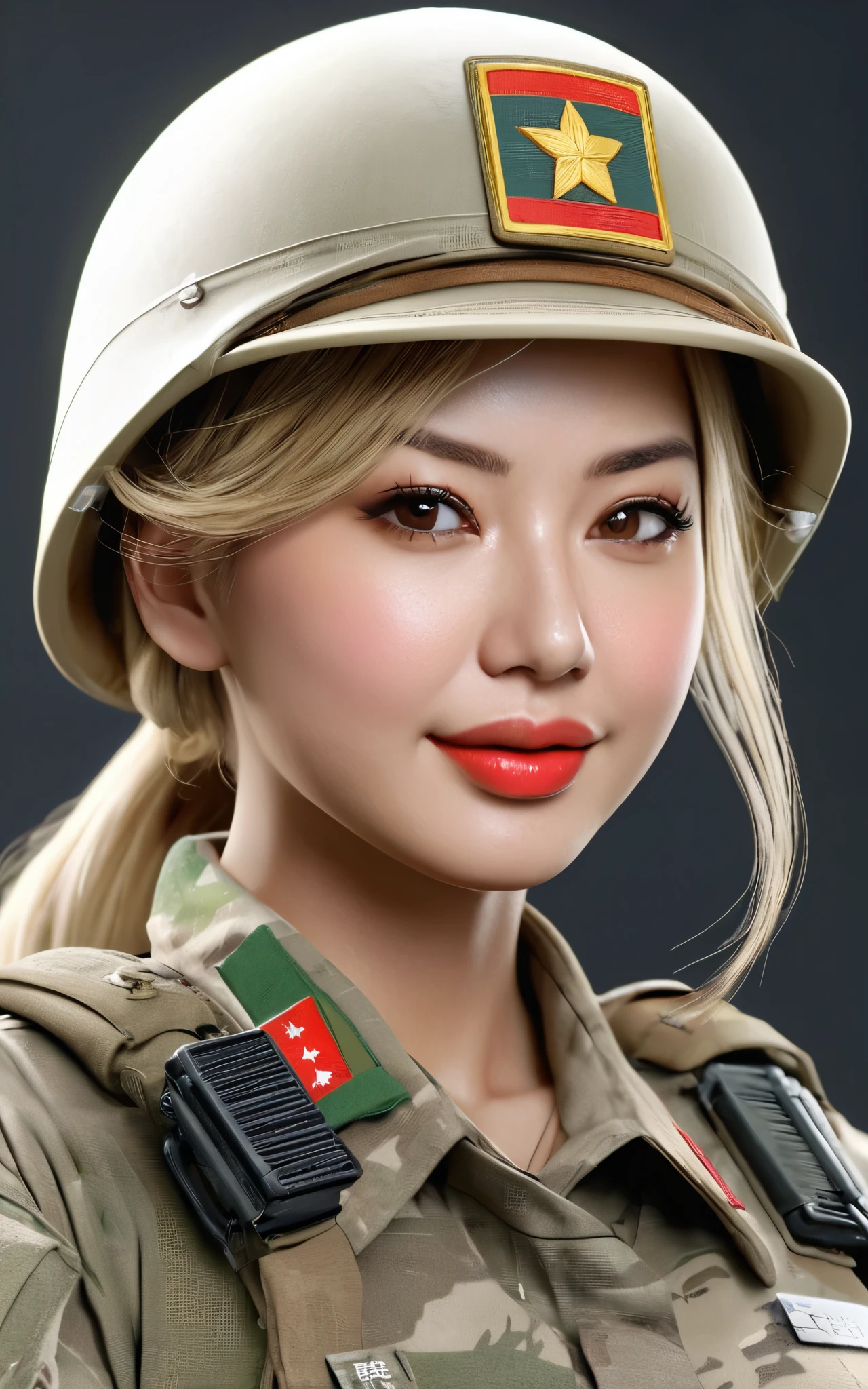(((Hyper Real)))、超未来的なFemale Soldier、陸軍Female Soldier、Beautiful woman High resolution Realistic Blonde woman、Mature Woman、(((Big big boobs)))、Fine skin、超High resolution、Realistic、Plump figure、smile、中年Beautiful woman、Beautiful expression 、Beautiful brown eyes、Fluffy long hair、非常に繊細でFine skin、35Army soldier woman、(Very futuristic huge computer room)、Female Soldier、Big big cleavage、Bright red lips、(Wearing combat uniform)、