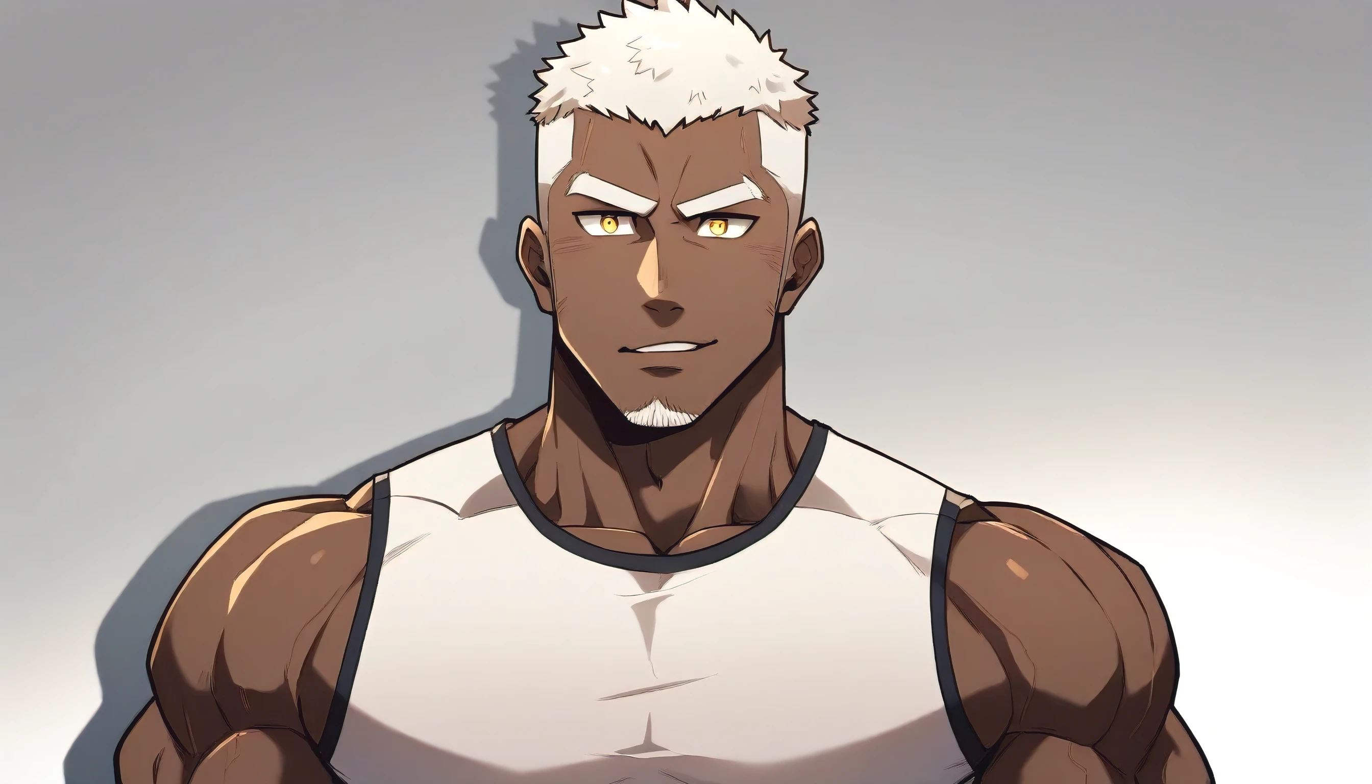 anime characters：Gyee, Fitness coach, negro black skin, 1 muscular tough guy, Manliness, male focus, Cream White Sleeveless Tight T-Shirt, Very tight, The pectoral muscles are oversized, Slightly transparent, muscular male, muscular, only, Upper body, alone, White short hair, Thick eyebrows, stubble, Yellow eyes, Grey background, simple background, amazing quality, best aesthetics, Ridiculous, bright pupils, crew cut, parted lips, seductive smile, torogao, naughty face, drop shadow, best quality