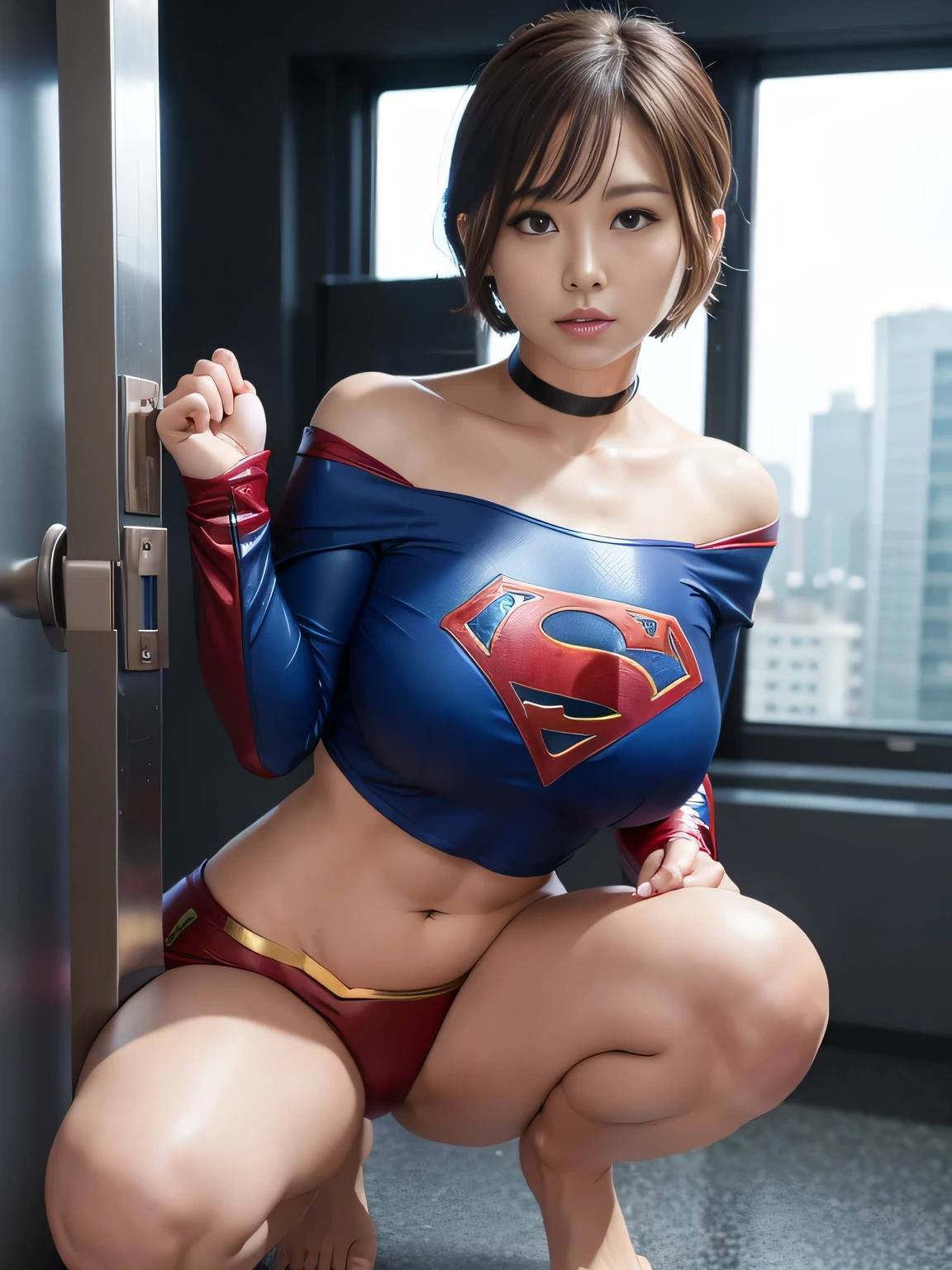 masterpiece、Supergirl Costume、short hair、barefoot、Big and ample breasts、Crisis situation、Complete surrender、Inside the prison、torture chamber、Abused、Humiliating torture、Squatting Pose、shiny sweaty skin、looking at the camera、choker、Long sleeve、Sexy poses to seduce、Off the shoulder、latex、from right in front、Crotch tearing、athlete、High leg、Exposing the armpits、