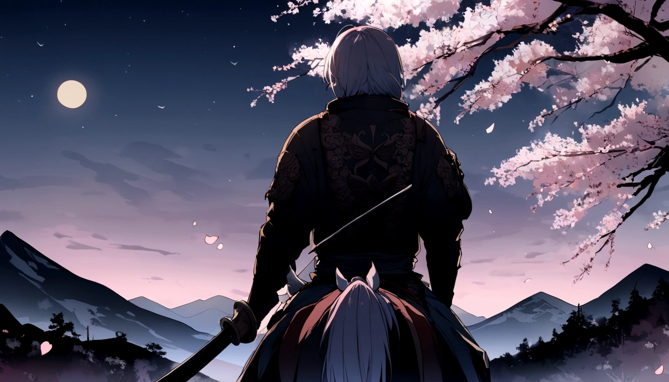 1 person, Samurai on horseback holding a sword, male,Back view,highest quality, cherry blossoms, Mountain々,Moonlit Night
