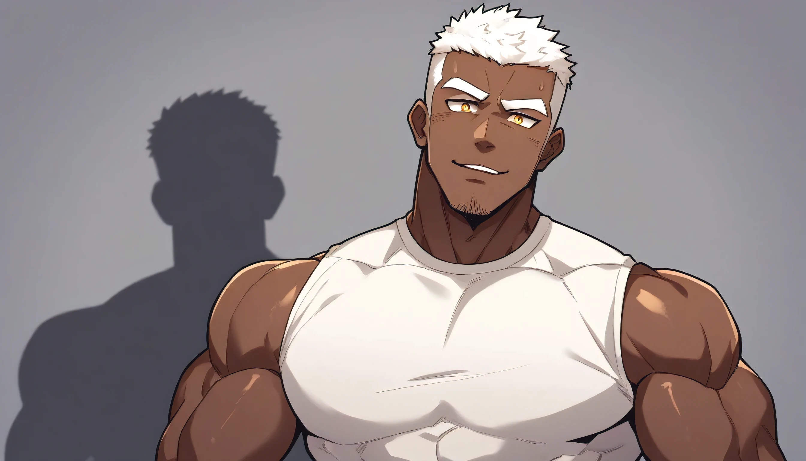 anime characters：Gyee, Fitness coach, negro black skin, 1 muscular tough guy, Manliness, male focus, Cream White Sleeveless Tight T-Shirt, Very tight, The pectoral muscles are oversized, Slightly transparent, muscular male, muscular, only, Upper body, alone, White short hair, Thick eyebrows, stubble, Yellow eyes, Grey background, simple background, amazing quality, best aesthetics, Ridiculous, bright pupils, crew cut, parted lips, seductive smile, torogao, naughty face, drop shadow, best quality