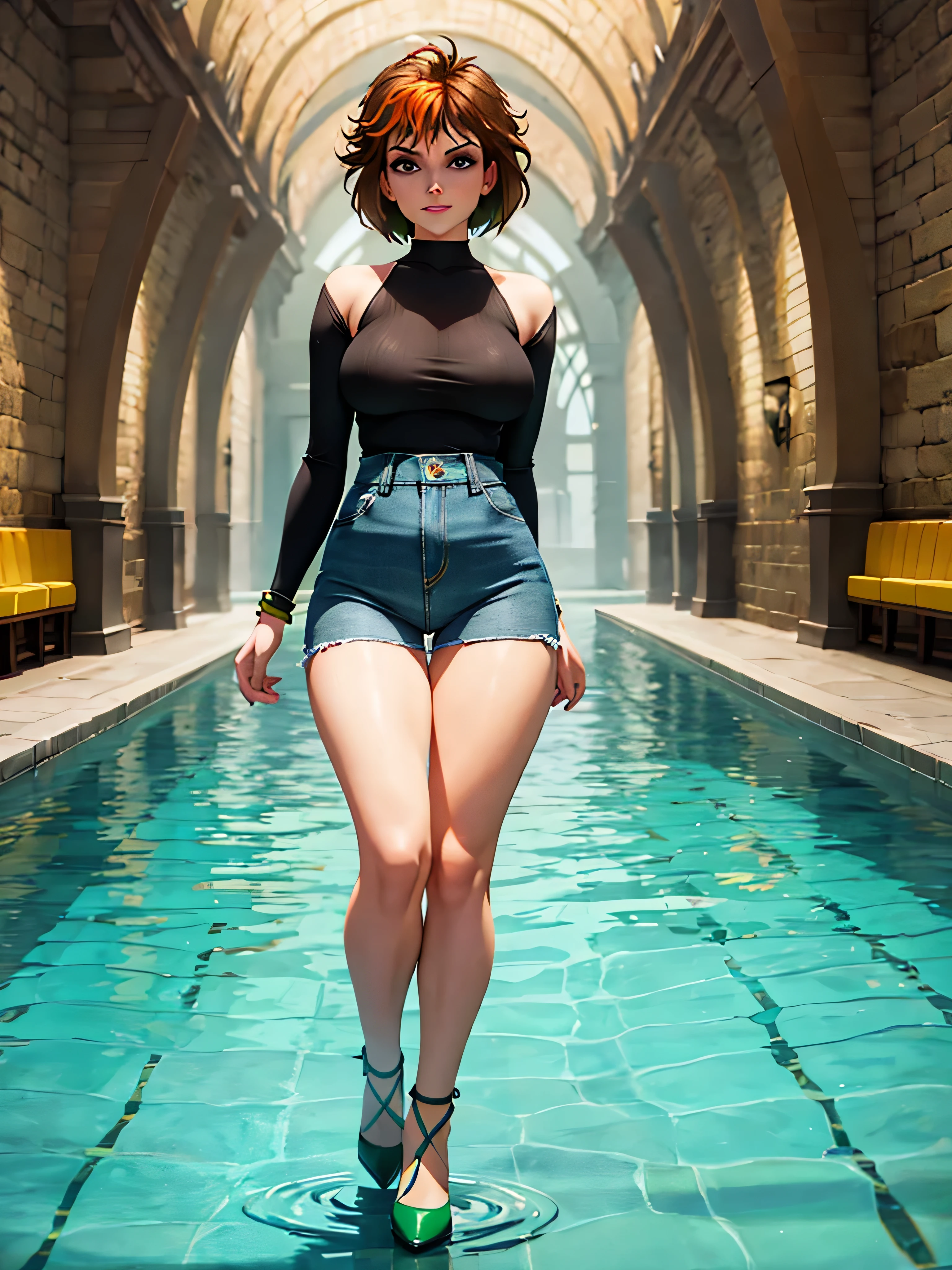 merula, full body, thighs, yellow high heels, solo, nude tits, green water jeans