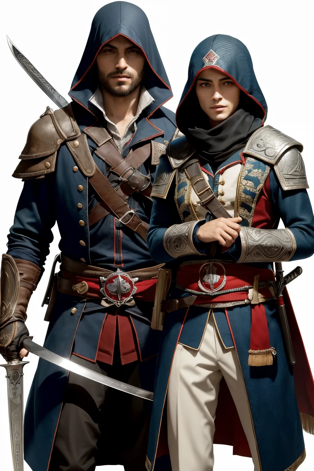 1 ladino, cabelos castanhos, capuz levantado, barba curta, roupas semelhantes a de Shay cormac de Assassins Creed, a Katana in the right hand and a wakizashi in the left hand.