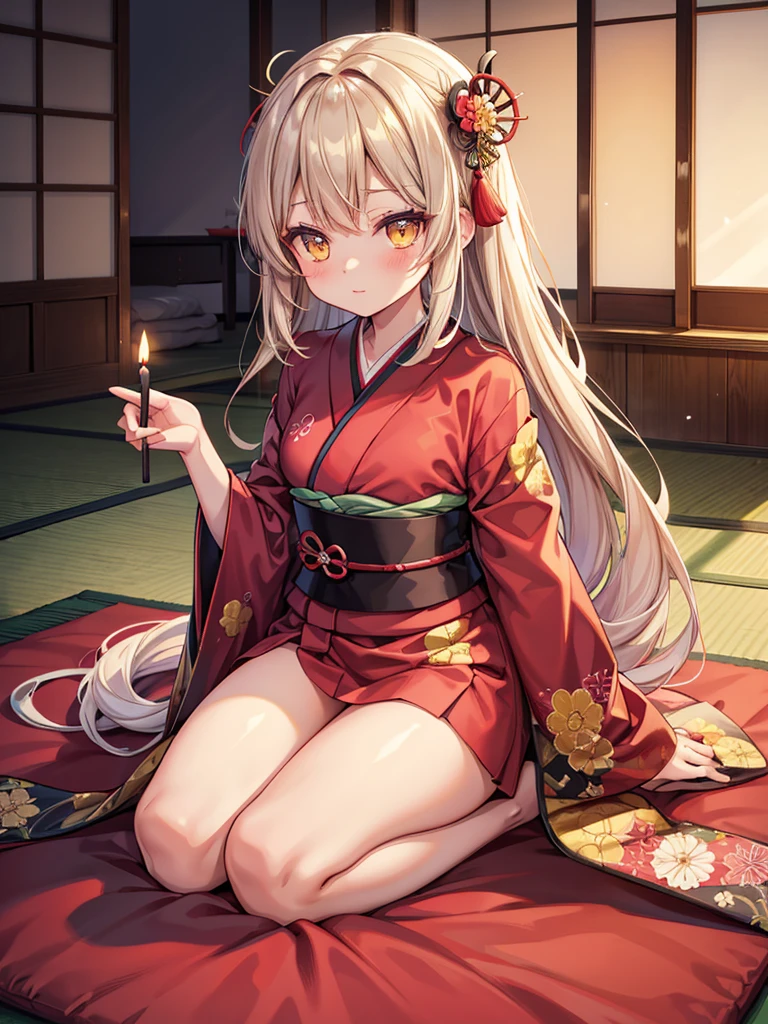 kimono,bare_legs,seiza,tatami_room,dark_room,candle_light,futon,dango_hair,kanzashi,long_bronde_hair,beautiful_hair,yellow_eyes,beautiful_eyes,1_beautiful_girl,cute_face,beautiful_face,beautiful,best_quality,good_anatomy