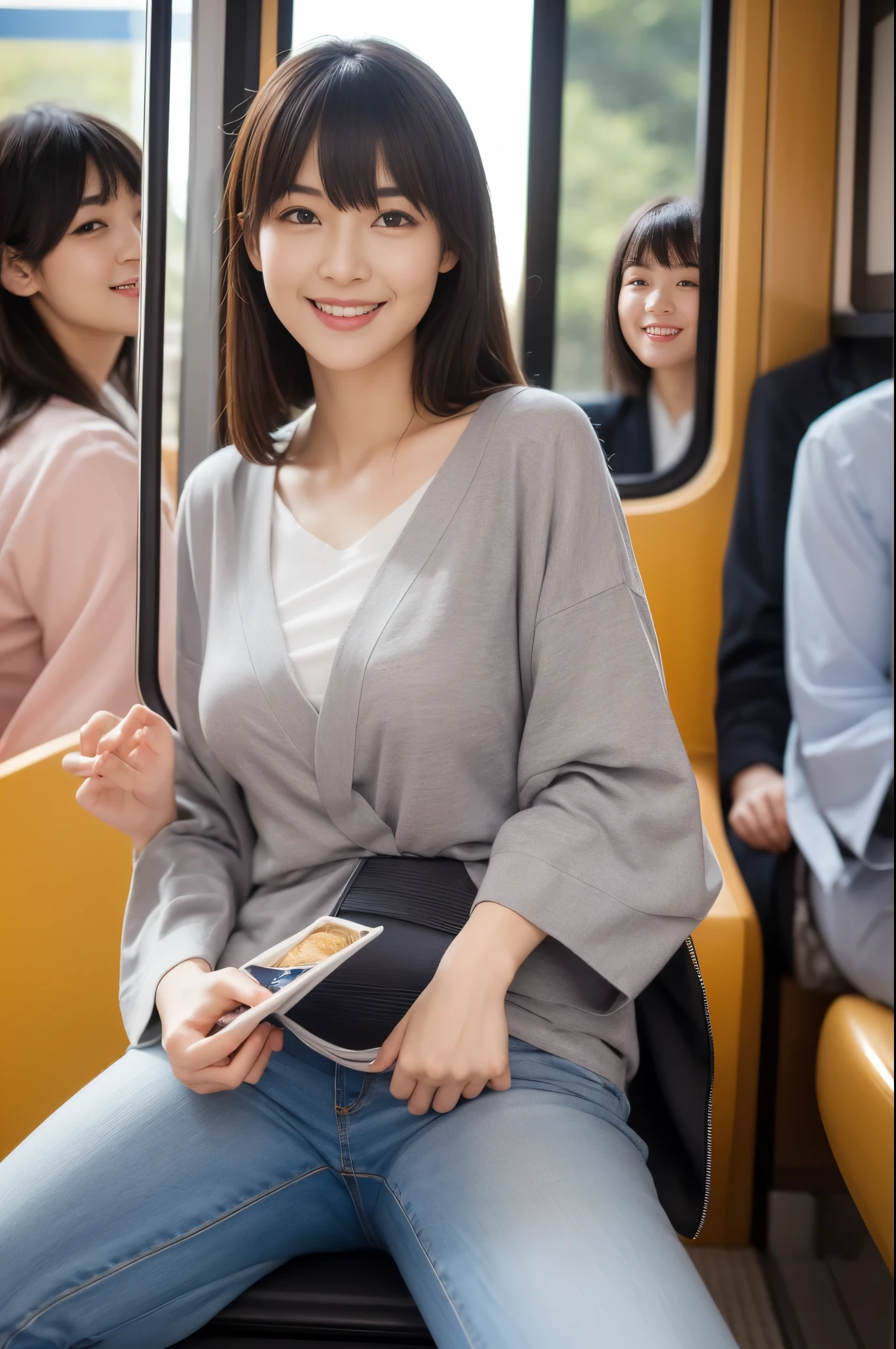 ((Tabletop:1.4, highest quality)), (Realistic photos:1.4), 
((1 girl)), (Pure actress),
(超High resolution:1.2), Very delicate and beautiful, wonderful, Very detailed CG Unity 8k wallpaper, Very detailed, High resolution, 
Soft Light, Beautiful detailed girl, Very detailedな目と顔, Beautiful and detailed nose, Beautiful and detailed, 
(Wear casual spring clothes:1.3), 
Cinema Lighting, Perfect Anatomy, Slender body, (Parted bangs),
(Riding on a Japanese local train:1.3), (Car window), (Japan&#39;The original landscape of),
Cowboy Shot, Looking at the audience, smile
