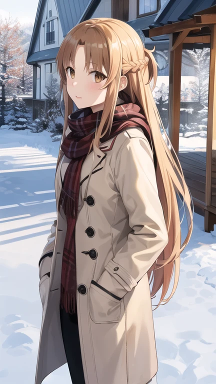 masterpiece, best quality, highres, aaasuna, long hair, brown hair, braid, brown eyes, coat, scarf, winter clothes, snow, outdoors,