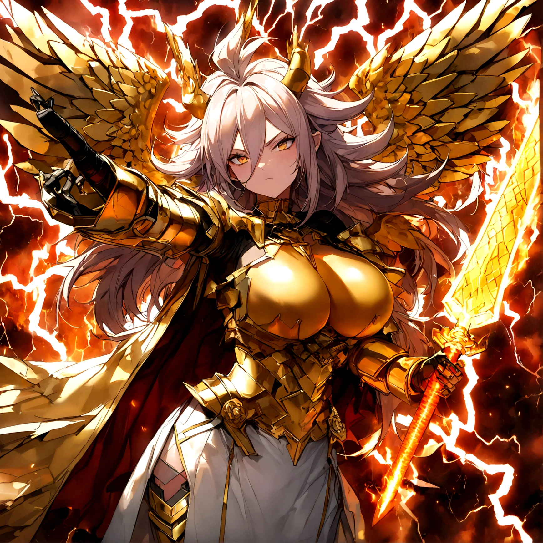 ((Lightning Power)), ((Electricity)), ((Fire Background)), ((Lightning Storm)), ((Power Erupting)),(((android 21))), (((white Coat))), (((Busty))), (((((Big breast:1,3)))), luxury bustier corset, ((silver hair)), (((Very slim waist))), propotional body, ((Gorgeous)), (((gold wings))), masterpiece, hyperdetail, ambient effect, digital effect, (((FIRE SWORD)), (((Lightning Sword))), (((Fire Gold Armor))), (((Lightning Gold Wings))), ((Fire Demon Horns))
