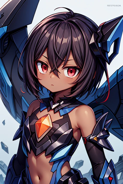 (((dark skin tone))),dark skin male, femboy, dark skin, cute shota,red eyes, blue mecha hairpin, dark brown hair medium hair,wearing a black exoskeleton, detached sleeves, blue mecha Gauntlets, black full bodysuit, honka_i impact_herrscher_of_reason,full armour mecha_musame,honkai impact battlesuit, orange gem on chest, close up