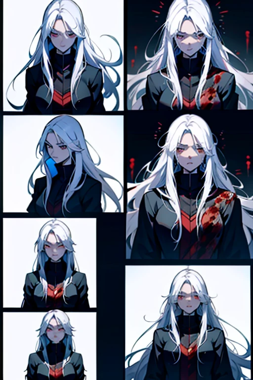 Girl with long white hair covered in blood stabbing someone, going insane, detailed scene, full body shots manga page with panels and dialogue