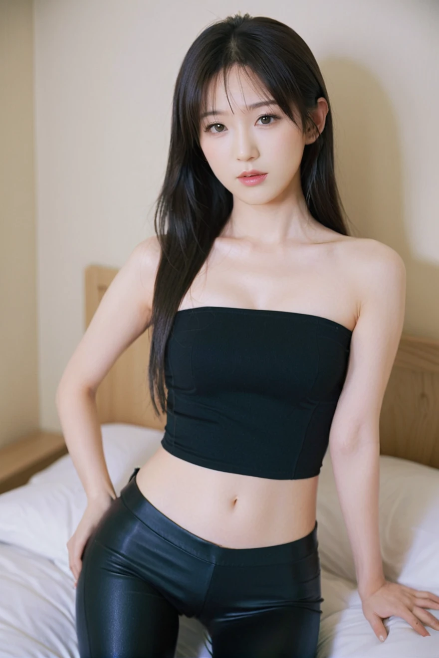 close-up of beautiful Japanese, Lee Ayumi is a ICONIQ korean pop girl, youthful face, white skin body, perfect body, Lee Ayumi female singer is a Change Myself music video, very long hair, black hair, straight hair, bust size 34 inches, wearing a tight dark black strapless tube top, wearing a tight dark black leggings, sexy looking pose, pose a naughty look, at a myself bedroom, UHD
