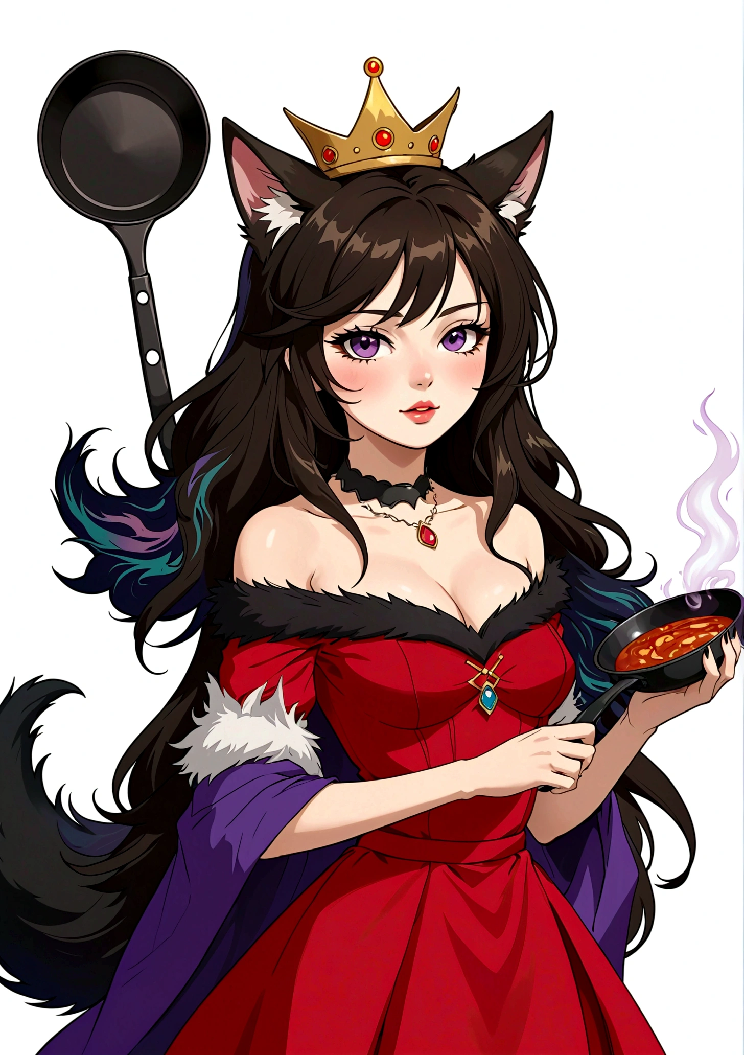 Red Wolf Personification,Anime girl holding a frying pan,Purple Eyeshadow,Black long hair,Cat ears,Small Crown,Red off-shoulder dress,Fur collar shawl,wave,Slender neck