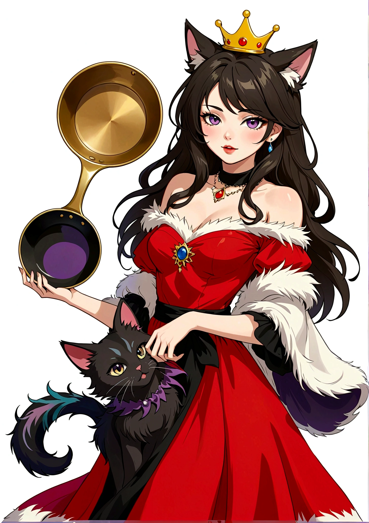 Red Wolf Personification，Anime girl holding a frying pan，Purple Eyeshadow，Black long hair，Cat ears，Small Crown，Red off-shoulder dress，Fur collar shawl，wave，Slender neck