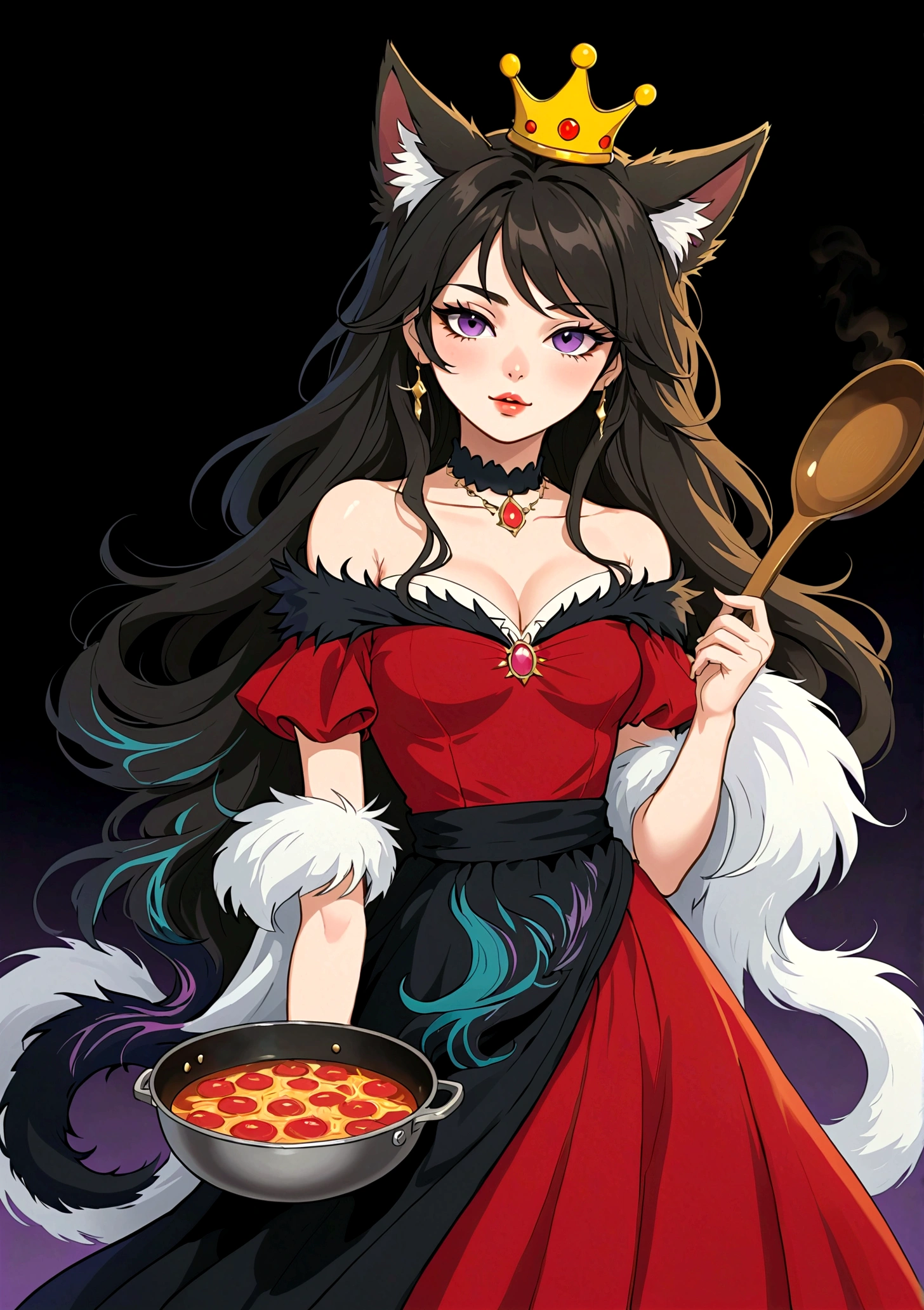 Red Wolf Personification，Anime girl holding a frying pan，Purple Eyeshadow，Black long hair，Cat ears，Small Crown，Red off-shoulder dress，Fur collar shawl，wave，Slender neck