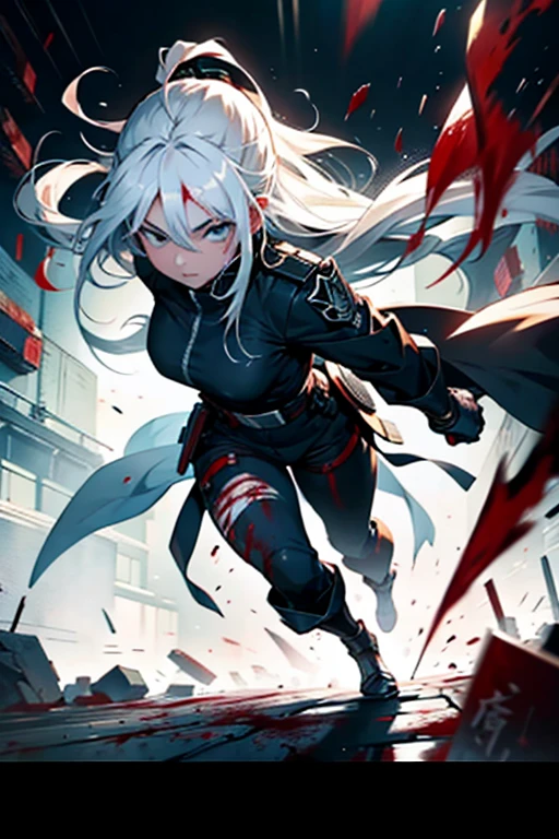 Girl with long white hair covered in blood getting back up during a fight, going insane, detailed scene, full body shots manga page with panels and dialogue