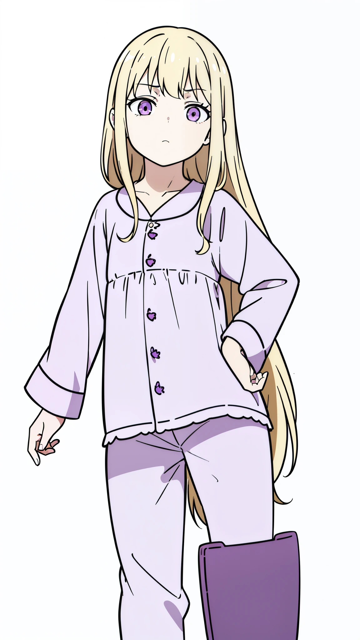(1girl,,small,kid),blonde hair,long hair,((dark purple pijama)),long sleeves,serious,(white background,line drawing),leaning to the side,:0,