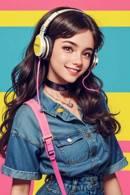 a girl from the 90s,illustration,vintage style,smiling face,long wavy hair,casual denim clothing,age girl style,vibrant colors and contrast,soft lighting,fun and carefree atmosphere, 8-bit pixel art,detailed facial features,wearing a choker necklace,holding a cassette tape in hand,dancing with headphones on,retro background with neon lights