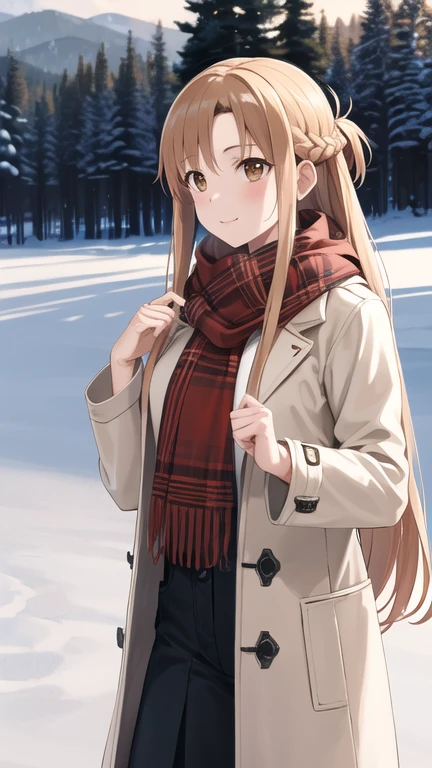 masterpiece, best quality, highres, aaasuna, long hair, brown hair, braid, brown eyes, coat, scarf, winter clothes, snow, outdoors,