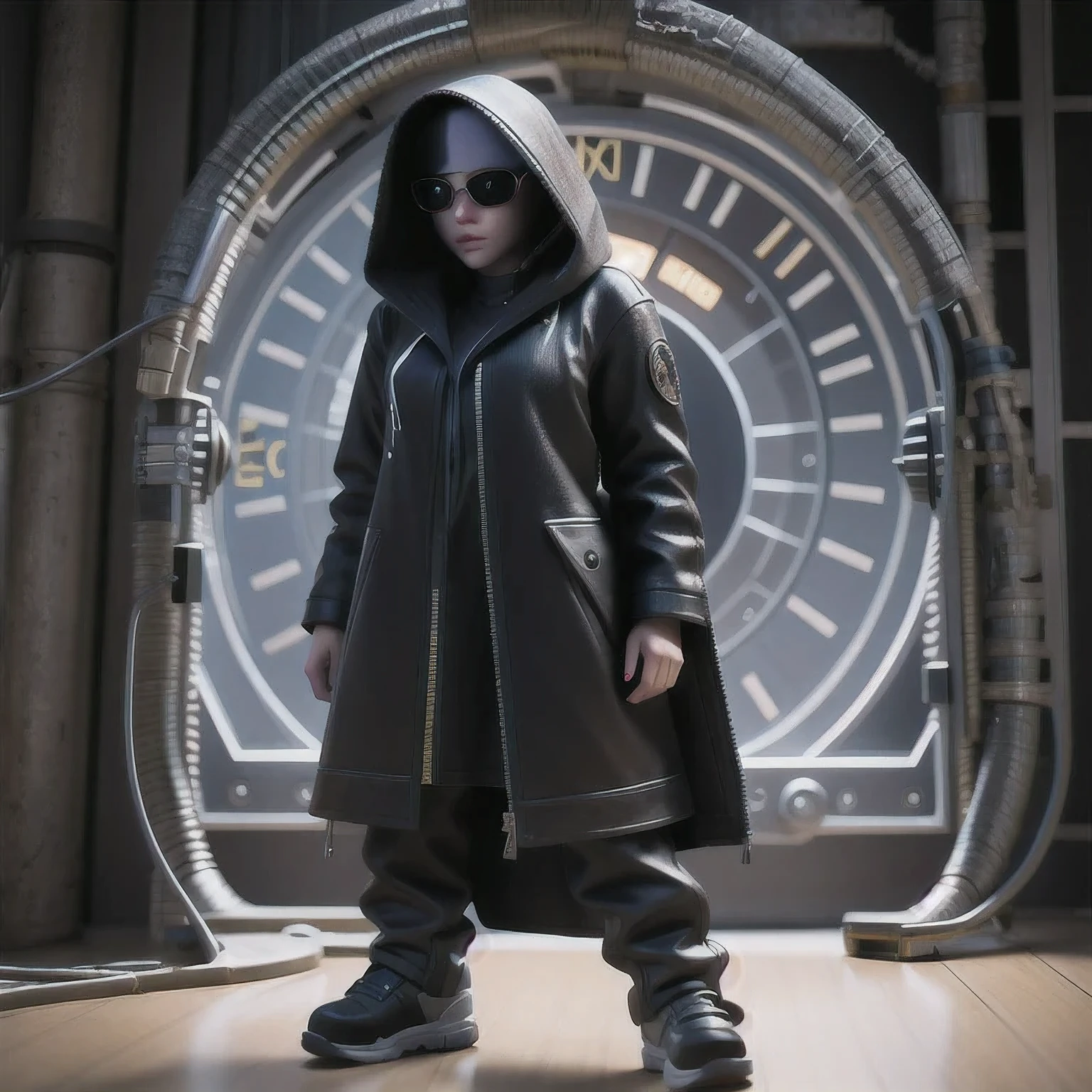 a close up of a person in a hoodedie standing in front of a clock, techwear occultist, dystopian sci-fi character, epic scifi character art, dark cyberpunk illustration, dark high-contrast concept art, dark futuristic, symmetric concept art, dark hooded wraith, epic sci - fi character art, epic sci-fi character art