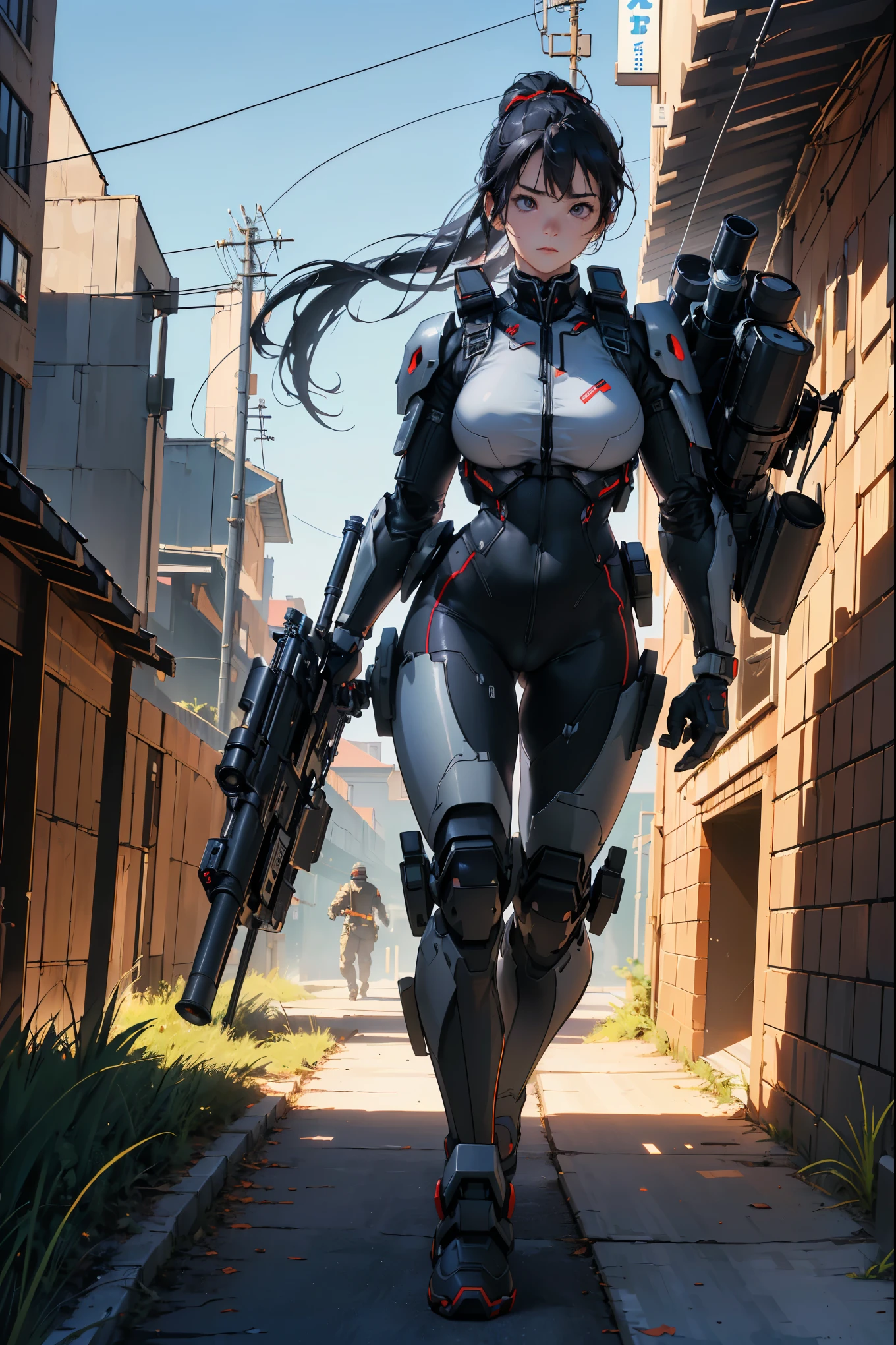 (best quality,4k,8K,High resolution,masterpiece:1.2),Extremely detailed,(Surreal, Reality,Photo-realistic:1.37), Deadly ninja girl in powerful mecha, Carrying a heavy AWP rifle on his back, Digital SLR Camera, Light tracing, 3D, concept art, Action painting, movie lighting, Chiaroscuro, (1.3) Emphasize her body curves, #11: Elegant Long White Ponytail, (0.5) Hints of violence and terror, A long red scarf fluttering in the wind, The background is a war-torn city, 8K resolution, Pretty Face, high nose, iridescent eyes, matte black, calx, (National Foundation:1.2)huge , Crazy breast swelling, Chest larger than shoulder blades, Big breasts and thin waist，(huge breasts:1.2)，Hydrated skin（（rogue））（（非常huge乳房）），（（Grooves reveal original skin）)