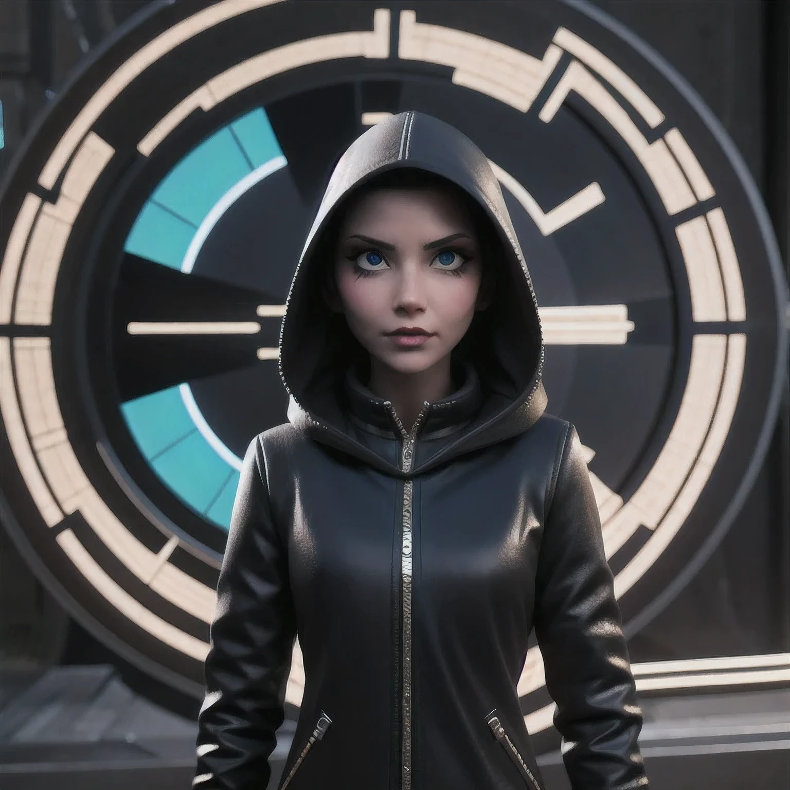 a close up of a person in a hoodedie standing in front of a clock, techwear occultist, dystopian sci-fi character, epic scifi character art, dark cyberpunk illustration, dark high-contrast concept art, dark futuristic, symmetric concept art, dark hooded wraith, epic sci - fi character art, epic sci-fi character art