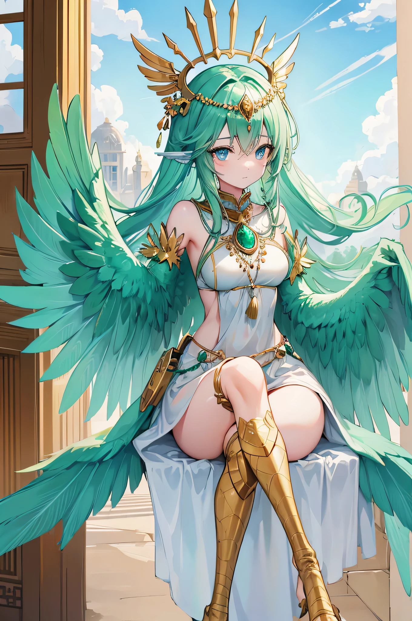4k,High resolution,One Woman,harpy,Green Hair,long hair,Blue Eyes,White Wings,Golden toenails,goddess,Green Holy Dress,Winged headgear,Jewelry decoration,Gold decoration,Temple in the Sky