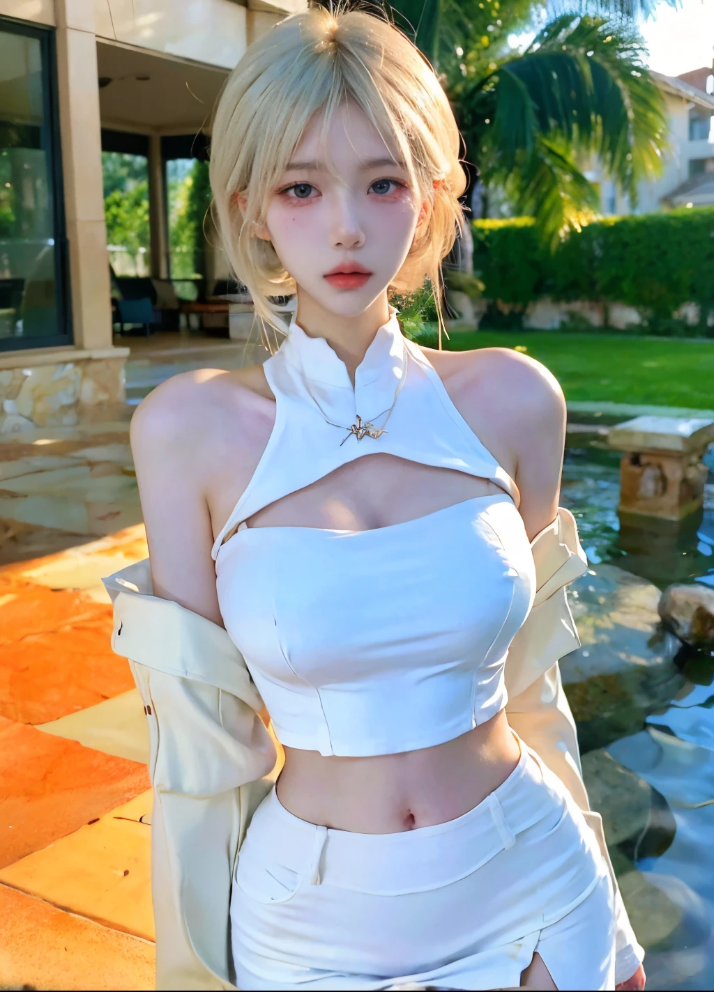 Beautiful woman with perfect figure：1.4，Layered hairstyle，White skin，Prominent cleavage，Bikini：1.5，Super short pleated skirt，whole body，Very delicate facial and skin texture，Double eyelids，Skin Whitening，Long white hair