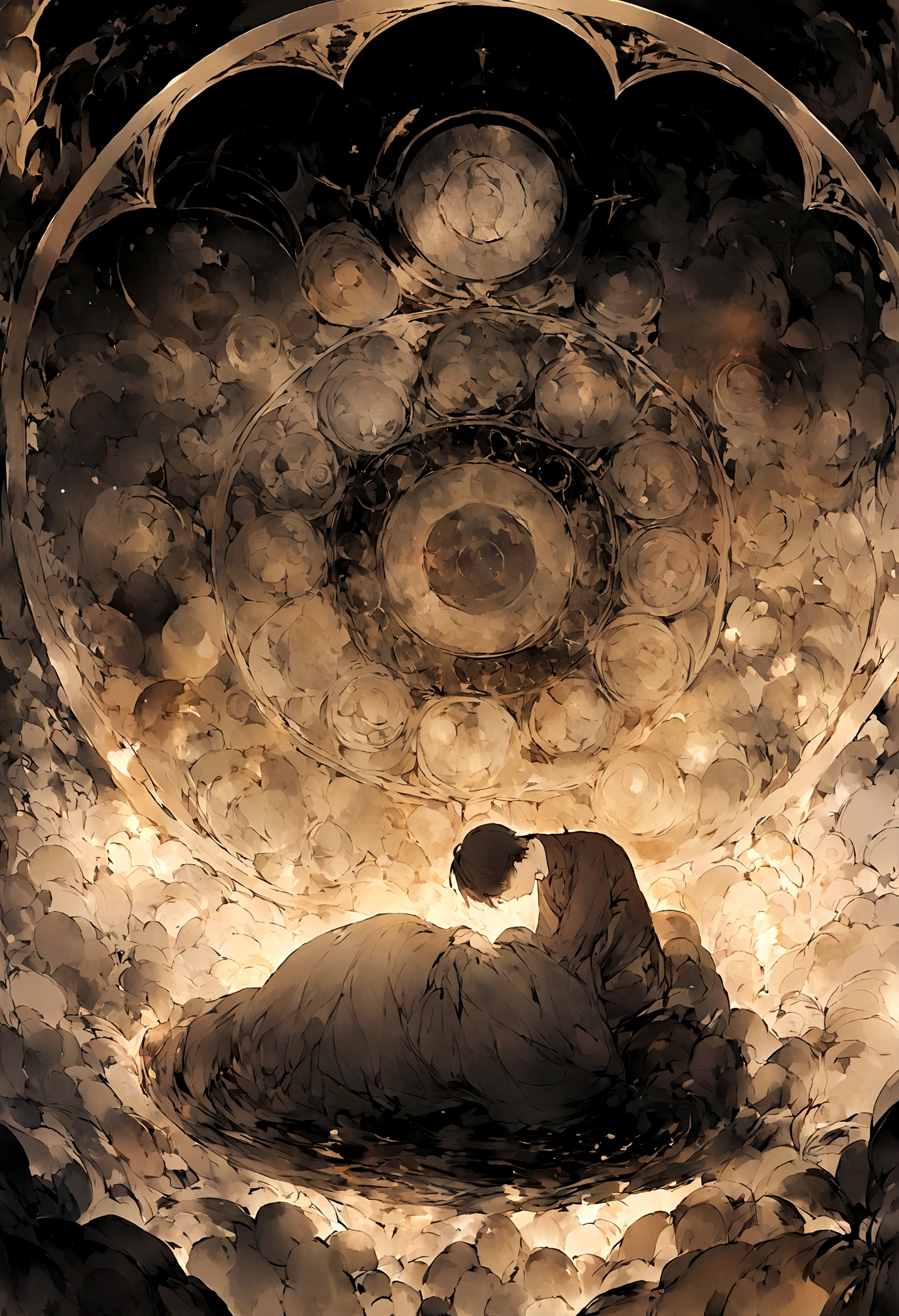 Ten Aspects of Longevity,A boy in the void,Curled up position,There are ten magic circles around the boy.,