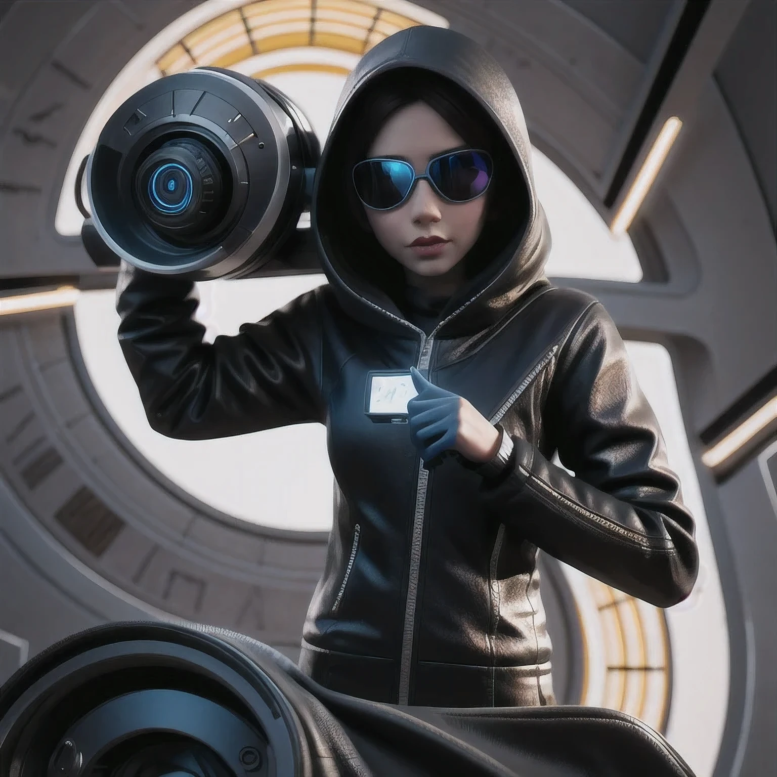 a close up of a person in a hoodedie standing in front of a clock, techwear occultist, dystopian sci-fi character, epic scifi character art, dark cyberpunk illustration, dark high-contrast concept art, dark futuristic, symmetric concept art, dark hooded wraith, epic sci - fi character art, epic sci-fi character art