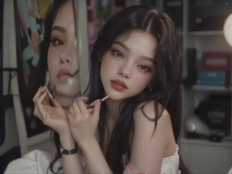 Hay una mujer que se esta poniendo labial en el espejo, al estilo de Jennie de blackpink, primera ola, Jennie de blackpink, cerveza suave de la reina del diablo madison, flequillo de cortina, inspirado en Elsa Bleda, charli bowater, sherilyn fenn 22 years old, frame from a music video, closeup portrait film still, lofi girl aesthetic