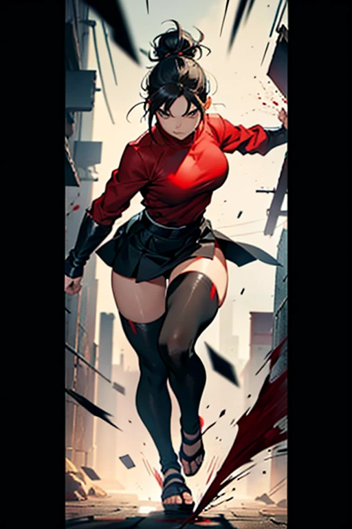 Girl with black hair in a bun covered in blood fighting, going insane, detailed scene, full body shots manga page with panels and dialogue