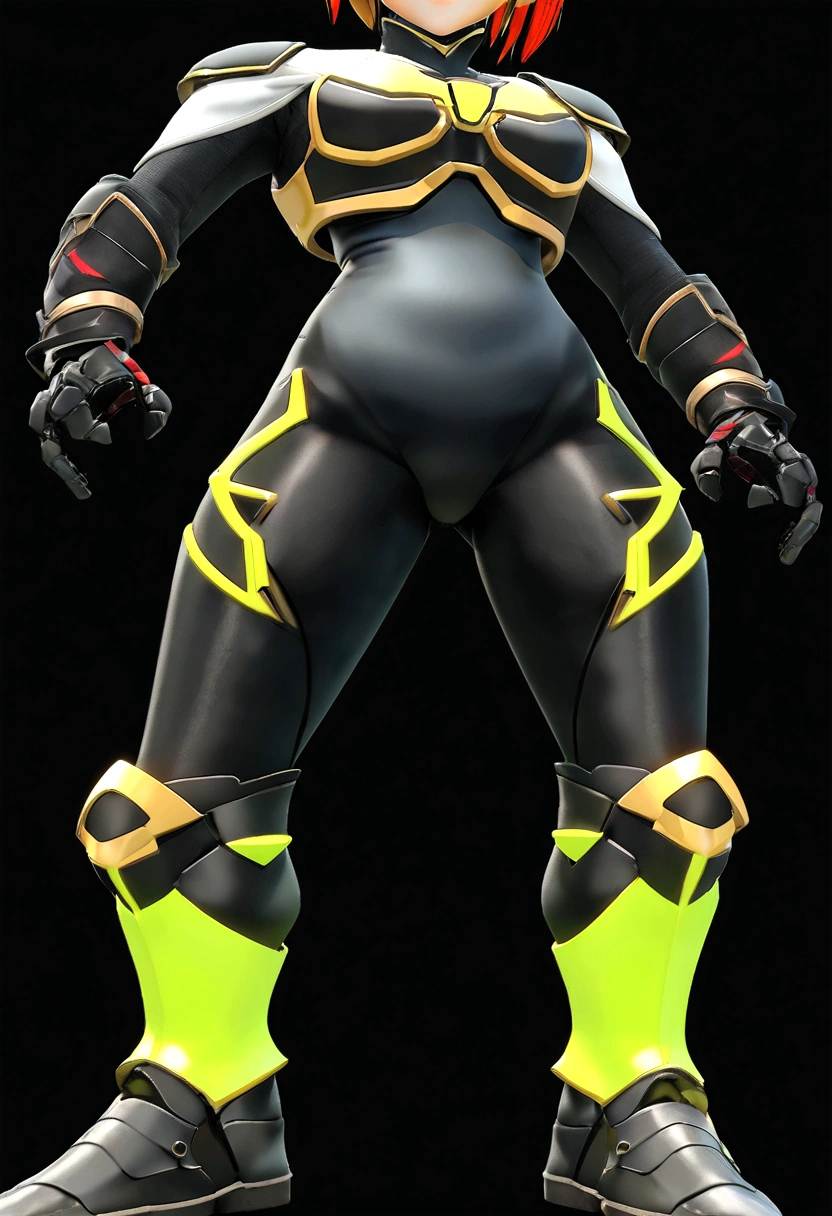 Cyborg Tomboy Girl, Golden Pupil Eyes Glowing, Short Hair, Futuristik and Majestic Design, Sleek Desain Armour, ready to fight pose, black background, anime 3D Styles.