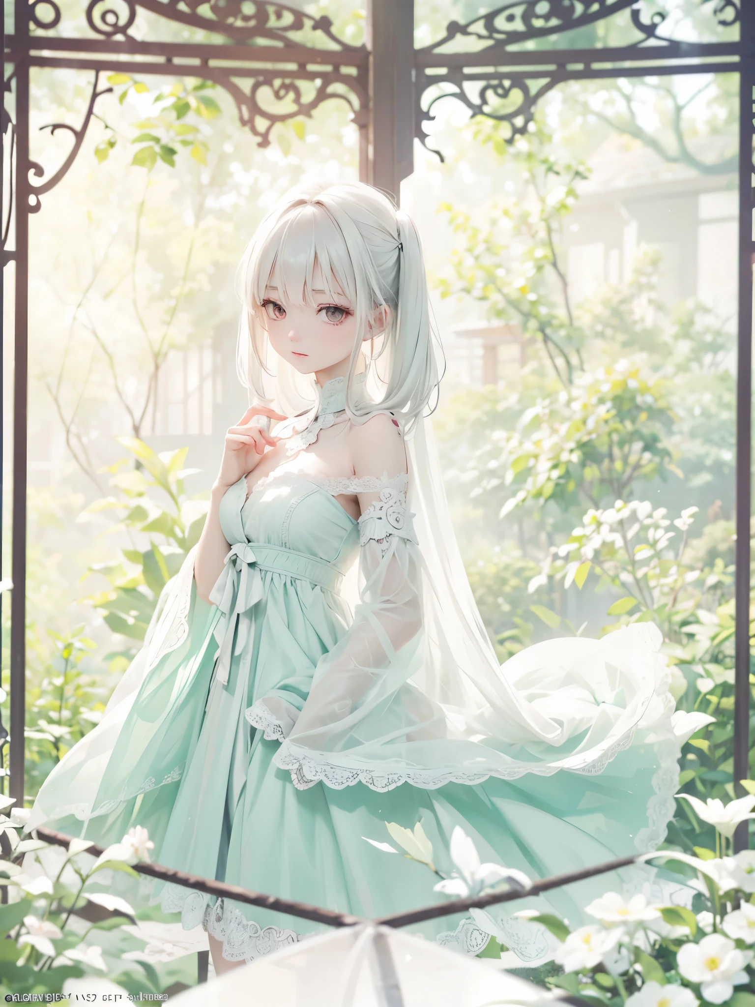 The image of an albino girl with a mysterious aura, A teahouse in an abandoned garden . She has been a long time, Colorless white hair and jet black eyes, She is wearing a jet black neo-Victorian dress with intricate layering of fabric.。, Delicate lace work, Black cross accessory. In the background is a lush garden, Bathed in sunlight filtering through the trees, Creates a deep and eerie yet peaceful atmosphere.