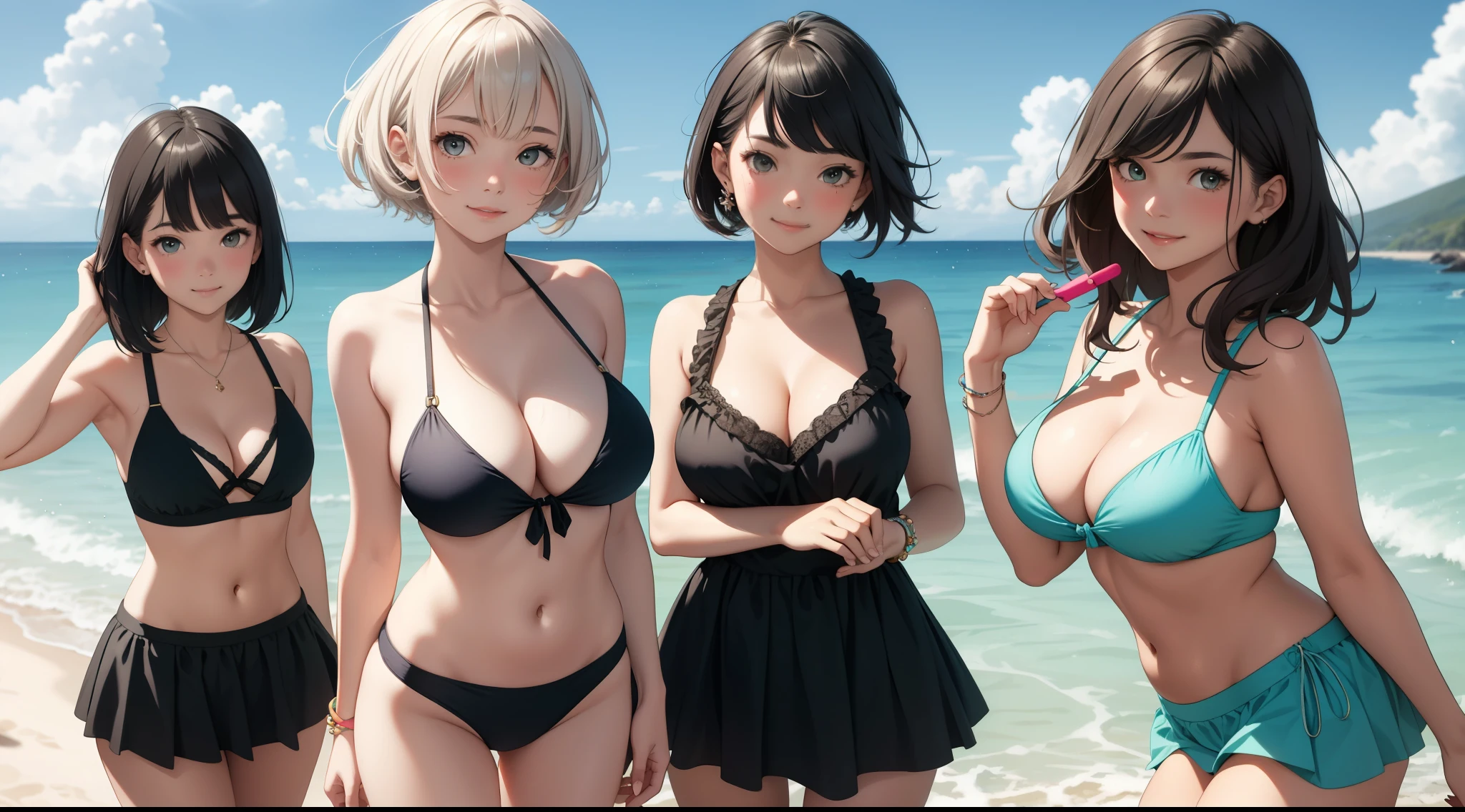(highest quality:1.1), (masterpiece:1.2), Five Girls，Swimwear，Are standing，High Quality Shadows, Beautiful details, Beautiful Face, Fine grain,Depth of written boundary, High resolution, Best Shadow, Best lighting, daughter, Displaying the viewer, （Five-colored hair:1.3)，Brush Cut，Very short hair, Blunt bangs, Long Hair, Iris, shy, ???????????, mini skirt, Swimwear, pump, Sea Beach，green，cloud， Sunburn，Boo Markers，Cleavage，Looking into the camera，smile，closeup Cleavage，Super Skirt