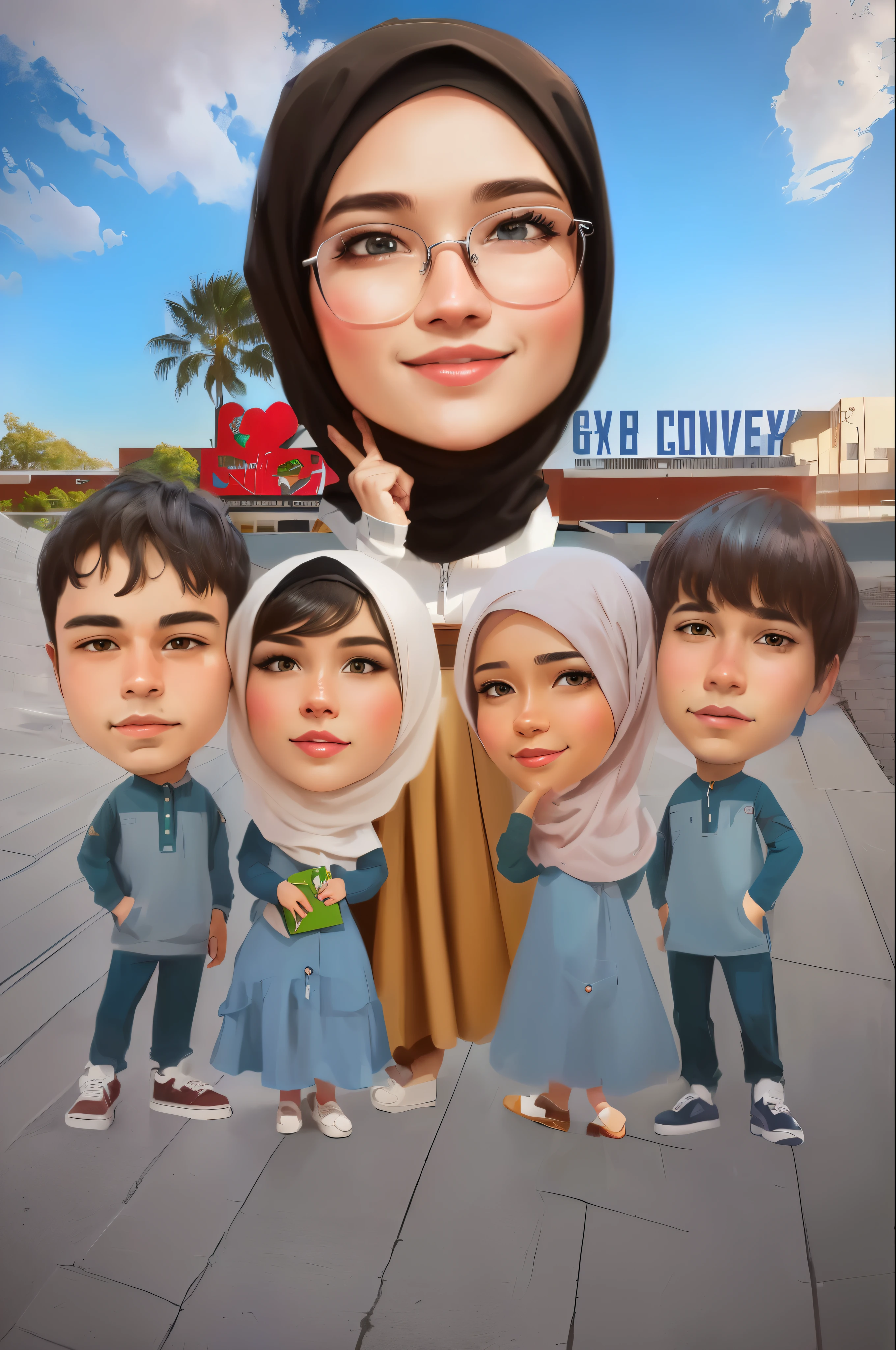cartoon of a hijab woman with Two white hijab girls and 2 boys, wearing uniforms, caricature illustration, digital art cartoon, caricature style, in cartoon style, cartoon artstyle, caricature, cartoon digital art, inspired by JoWOnder, cartoon portrait, potrait, caricature!!!, teacher, by Abidin Dino, inspired by Nil Gleyen, cartoon digital painting, full protrait