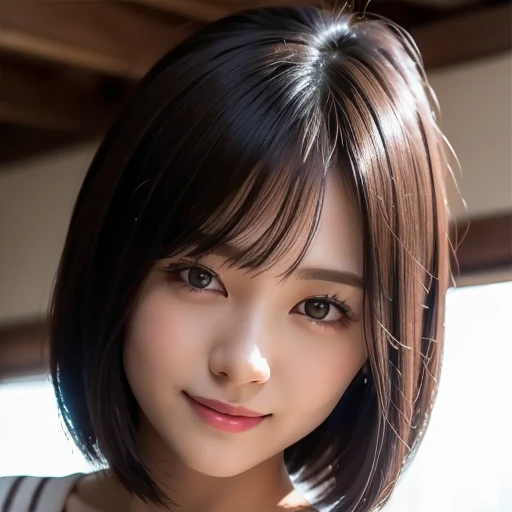 8k, highest quality, very detailed, high resolution, small breasts, thin lips, detailed face, cute smile, cute Japanese female idol, cute 24 year old beauty, beautiful and graceful features, cute face, natural bangs, well groomed, arched, thin eyebrows, ((large, well balanced eyes)), cute eyes, beautiful thin nose, beautiful skin, fair skin, medium bob hair, natural bangs, slim face, beautiful collarbone, slim figure, (looking at camera with a gentle smile), (face lighting), bright lighting, professional lighting, forward lighting, gentle smile, face lighting,