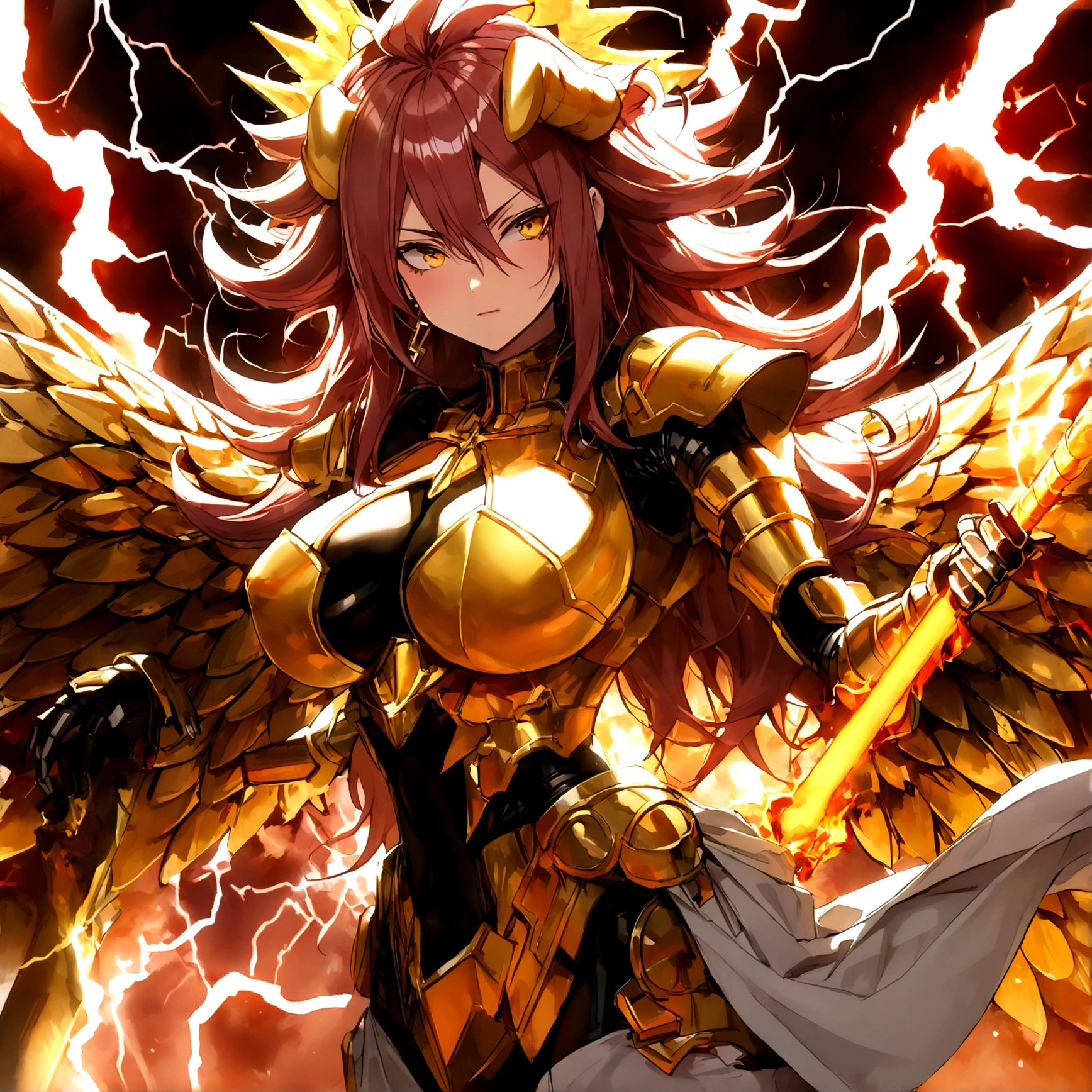 ((Lightning Power)), ((Electricity)), ((Fire Background)), ((Lightning Storm)), ((Power Erupting)),((((android 21)))), (((white Coat))), (((Busty))), (((((Big breast:1,3)))), luxury bustier corset, ((silver hair)), (((Very slim waist))), propotional body, ((Gorgeous)), (((gold wings))), masterpiece, hyperdetail, ambient effect, digital effect, (((FIRE SWORD)), (((Lightning Sword))), (((Fire Gold Armor))), (((Lightning Gold Wings))), ((Fire Demon Horns))